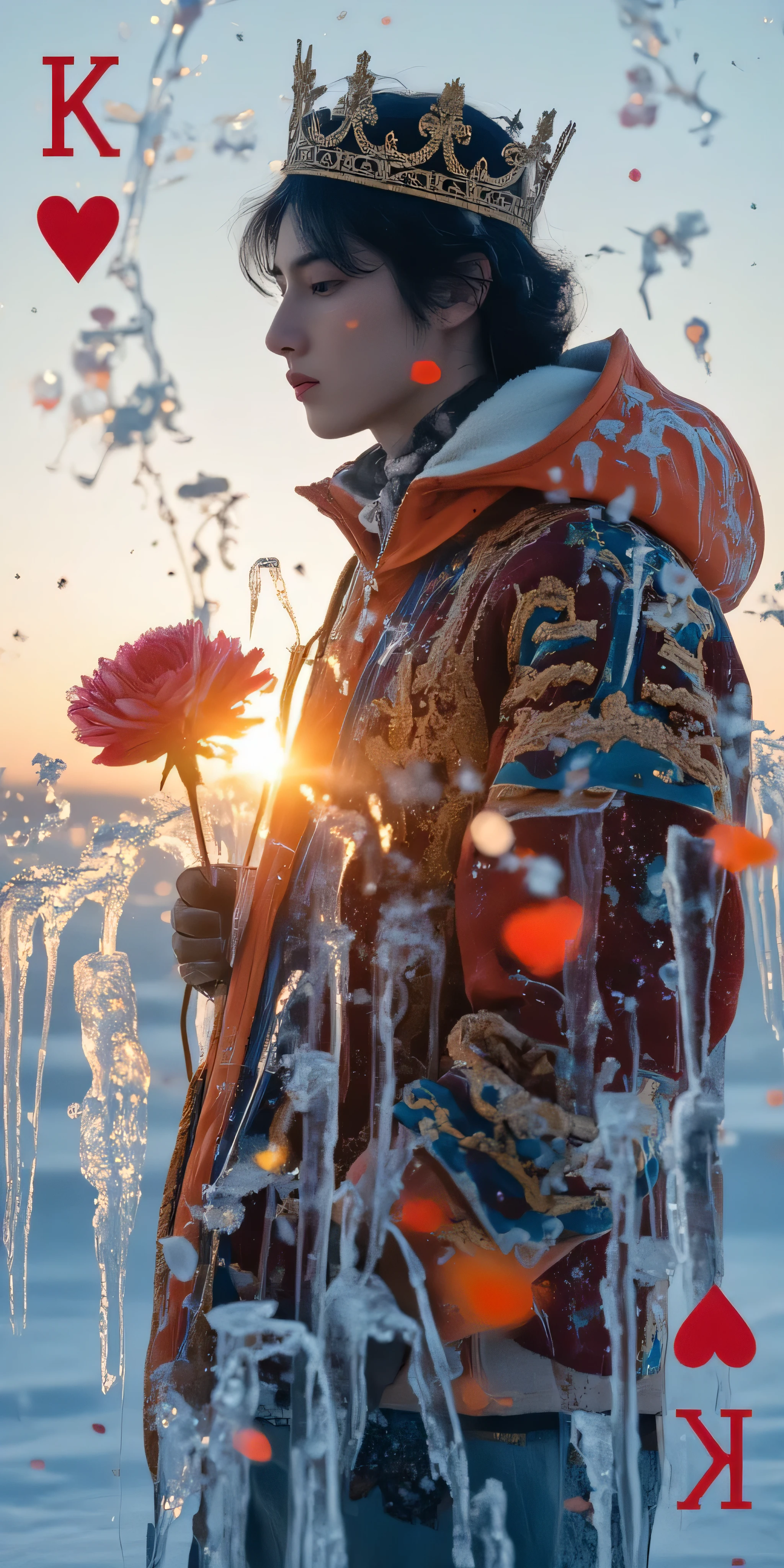A silhouette composed of frozen ice crystals, double exposure of the face and body, The background is a dusk sky and sunset 。 Delicate icicles hanging from the veins in the foreground ,In the background, you can see a beautiful sunrise , create a surreal winter scene 。 Commercial Photography ,Beauty of the Ether ,Splashed ink background, The background is a dusk sky and sunset , a man,orange down jacket ,cute cashmere hat,winter,Snowfield,glowing petals,Gradient ,Rim Light,Light particles, Award-winning art ,Stylized, detailed illustration of king of hearts playing card, male figure wearing crown, dark blue and black curly hair, red and maroon, blue and gold patterned clothing, man holding red flower, intricate detailing on clothing, Consisting of gold and tan rope-like patterns, flowers and other decorative elements, with a heart symbol on the card, (and a heart symbol on the other side of the card), the image is presented in a flat, outline graphic style, with bold colors and intricate patterns, Rich in details, Clear lines, decorative, saturated but not too bright colors, muted, retro aesthetic