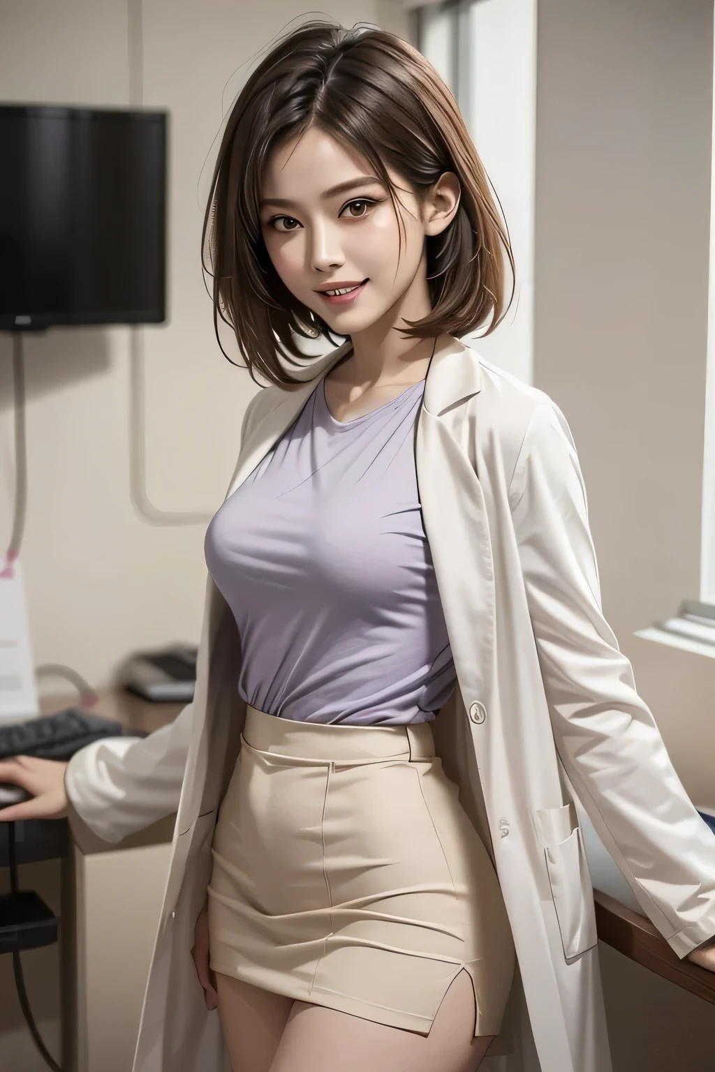  (((Examination while sitting on a chair in the examination room))), (((White Coat of Doctor, Light purple blouse, Brown tight mini skirt))),(1 The ultimate beautiful female doctor), middle aged, very detailed顔, detailed lips, fine eyes, double eyelid, Black bob-shaped hair, (grin and laugh),(big breasts), perfect hands, perfect fingers, perfect breasts, that&#39;that&#39;s right, perfect body, perfect face, perfect image realism, ((background: Hospital examination room with lots of medical equipment)), 詳細なbackground, detailed costume, perfect lighting, hyper realism, Photoreal, 8K maximum resolution, (masterpiece), very detailed, Professional