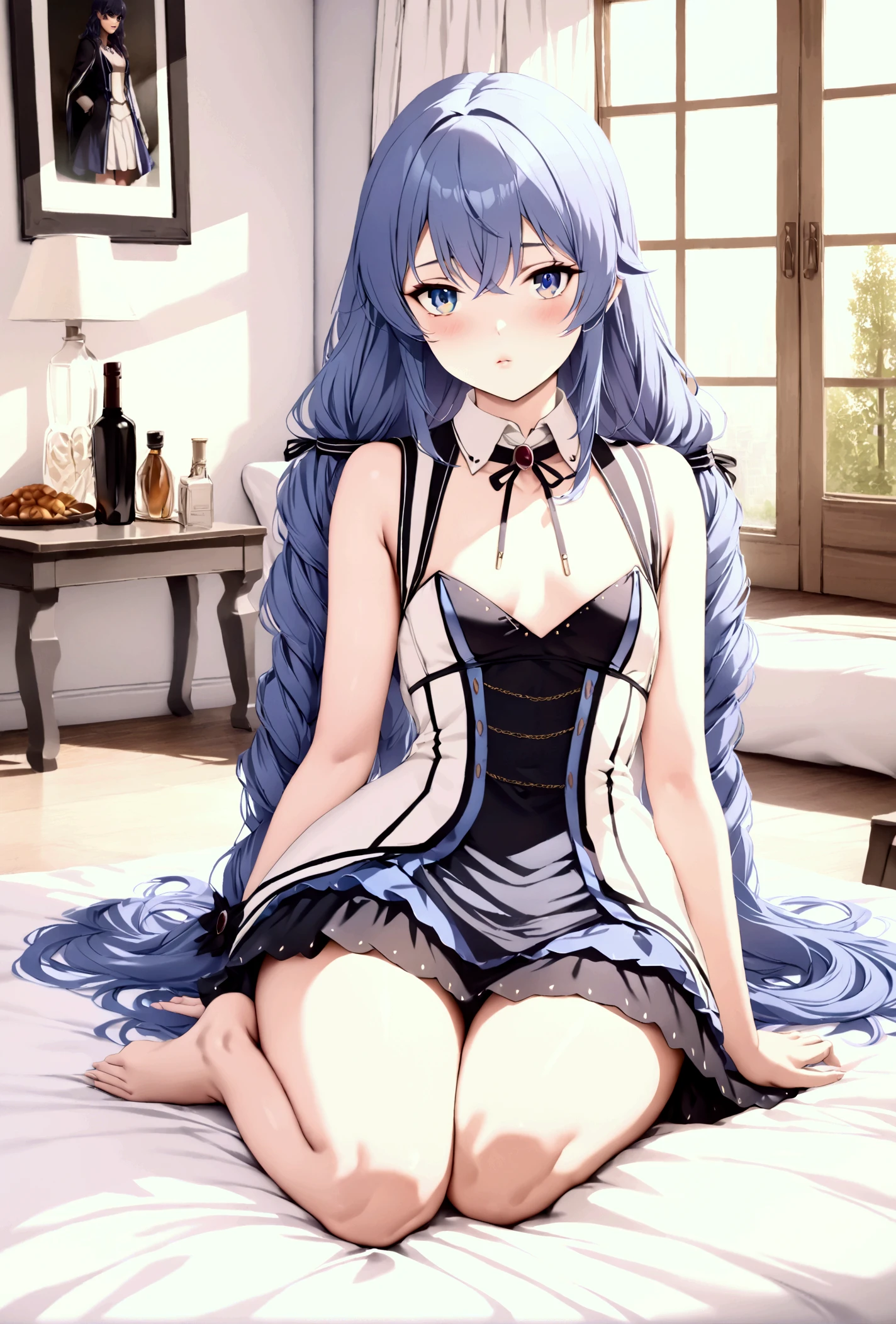 the woman is wearing a Maid clothes standing up on the floor, solo, panties, underwear, skirt, (Shiny dark blue satin lace panties:1.3)、panties that cover the butt、garter belt, lying, thighhighs, skirt lift, looking back, realistic
