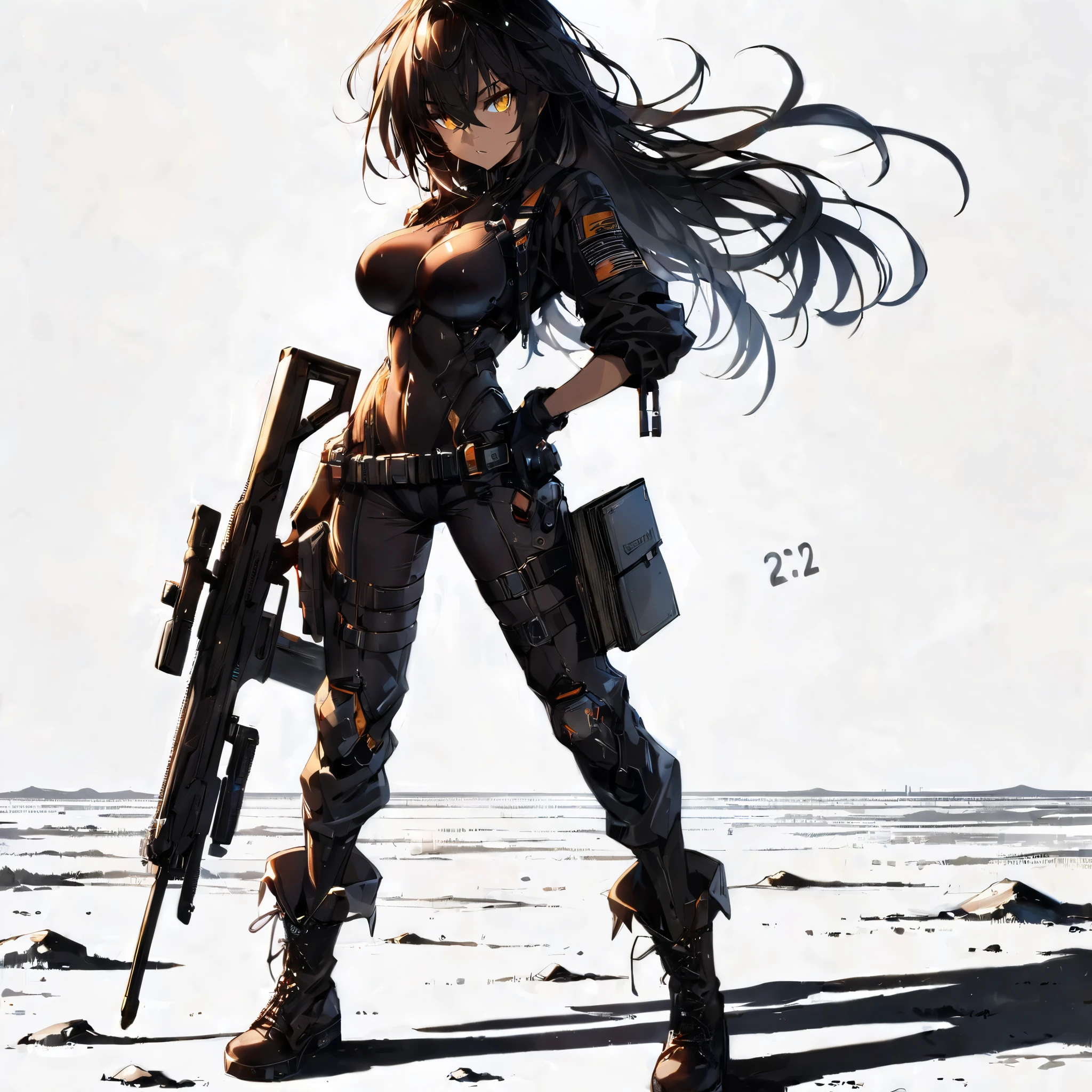 (Masterpiece, Top Quality), (Fine Hair), Ultra-Detailed, Anime like illustration Style, Solo, Full Length, cyberpunk pilot girl, hunched posture, Muscular but feminine body shape, Eyes blazing gold, tan skin, shaggy jet-black hair, Body-Fitting Thin Suit, handheld book, wearing long boots, White background, standing full length, her standing in desolate ground!