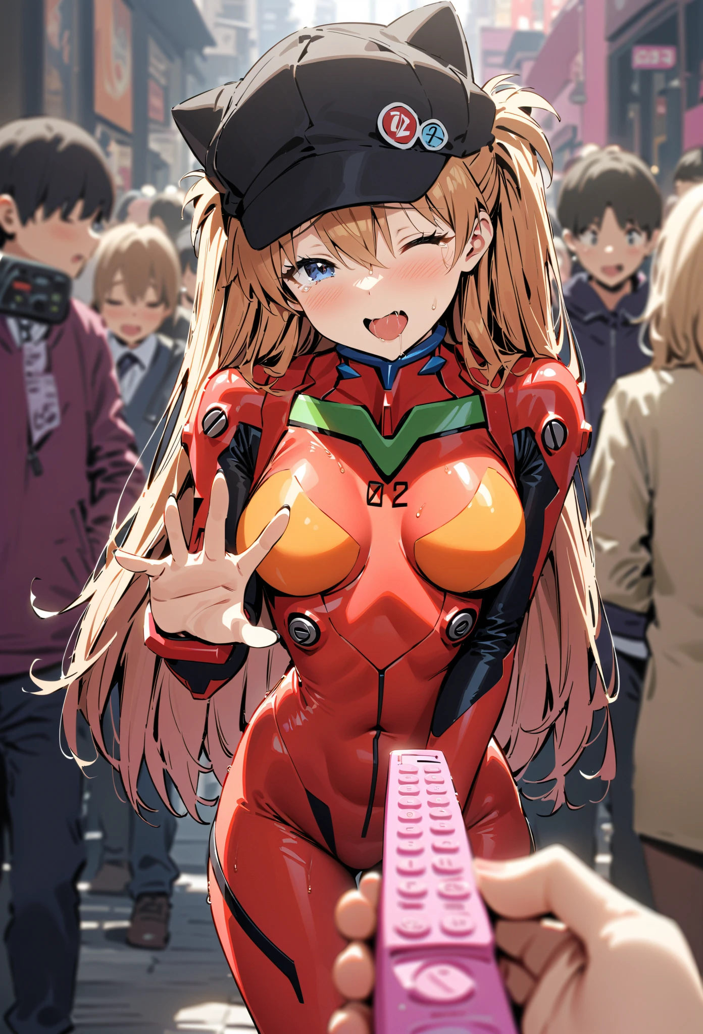 (throw_hand, pink vibrator remote switch in throw_hand, throw:1.2), Highest quality, Super Detail, masterpiece, Ultra-high resolution, 8k, Ridiculous, Cowboy Shooting, Blurred,
One girl, Embarrassing, blush, Lovely, close your eyes, With tears in her eyes and her mouth open, What saliva leaves behind, Wet skirt hem, Sticky panties, Bulging of the vibrator cord, Vibrator with Garters, Subway car interior background, In a crowded crowd,
Soryu Asuka Langley, Neon Genesis EVANGELION, Evangelion New Theatrical Version, Lance of Longinus, Cat hat, Plug Suit, Pilot Suit, Red bodysuit,