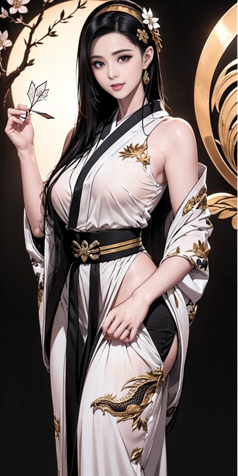 [A beautiful, mature woman with a seductive smile and parted lips stands against a white background. She has sharp eyelashes, brown eyes, and long black hair with bangs. Her figure is voluptuous, with a narrow waist, broad hips, and huge breasts. The image has an impactful, Genshin-inspired style, rendered in high detail and HDR quality as a stunning work of art.]