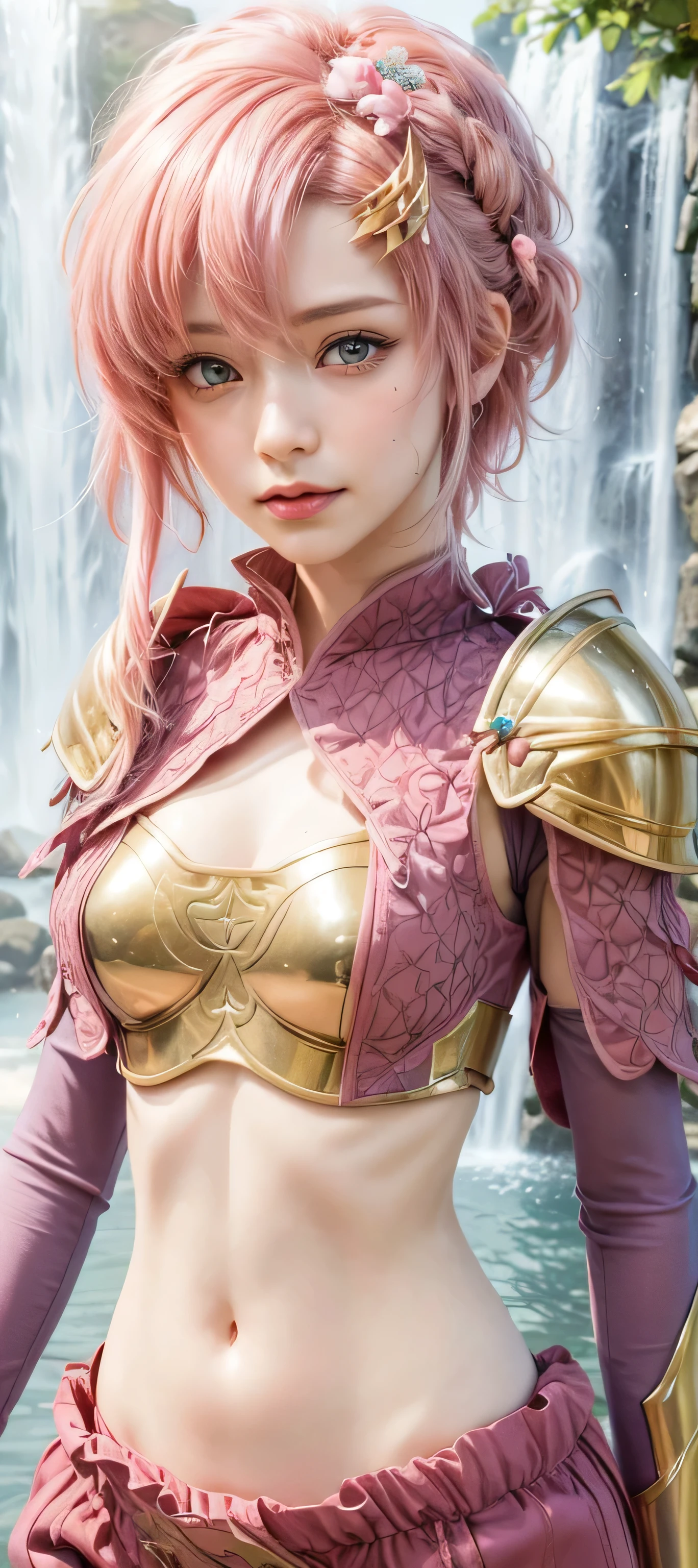 masterpiece, best quality, (realistic,photo-realistic:1.4), (RAW photo:1.2), extremely detailed CG unity 8k wallpaper, delicate and beautiful, amazing,finely detail, official art, absurdres, incredibly absurdres, huge filesize, ultra-detailed,extremely detailed eyes and face,light on face,lacus clyne,(pink hair:1.4),(short hair:1.4),(genshin impact outfit:1.5),(under waterfall background),hair clips,navel,(hair ornament:1.5),(knight armor:1.4)
