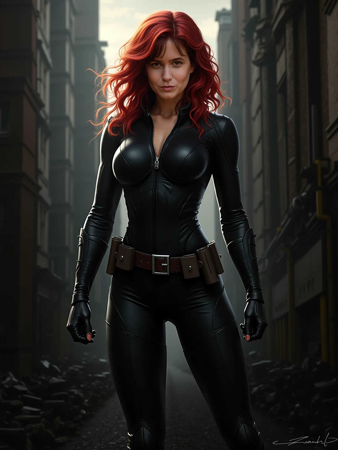 (best quality,4k,8k,highres,masterpiece:1.2),ultra-detailed,(realistic,photorealistic,photo-realistic:1.37), Christina Hendricks portraying the characters of Black Widow from marvel comics in a hyper-realistic masterpiece. High-quality facial research of Christina Hendricks, (Christina's sculpted cheekbones and slight wrinkles around the face), 48 years old, High-quality detailed research of Christina Hendricks voluptuous figure. Sexy,dangerous,beautiful detailed eyes,beautiful detailed lips,longeyelashes,bold and intense gaze, voluptuous figure,skin-tight black leather suit, , utility belt, fingerless gloves, metal armbands, boots, glamorous,confident expression,fierce and powerful stance,mysterious aura,red hair flowing in the wind,Dramatic lighting,high contrast,highly saturated colors,shadows and highlights,comic-book style,action-packed scene,smoke and sparks surrounding her, cleavage, buxom and mature