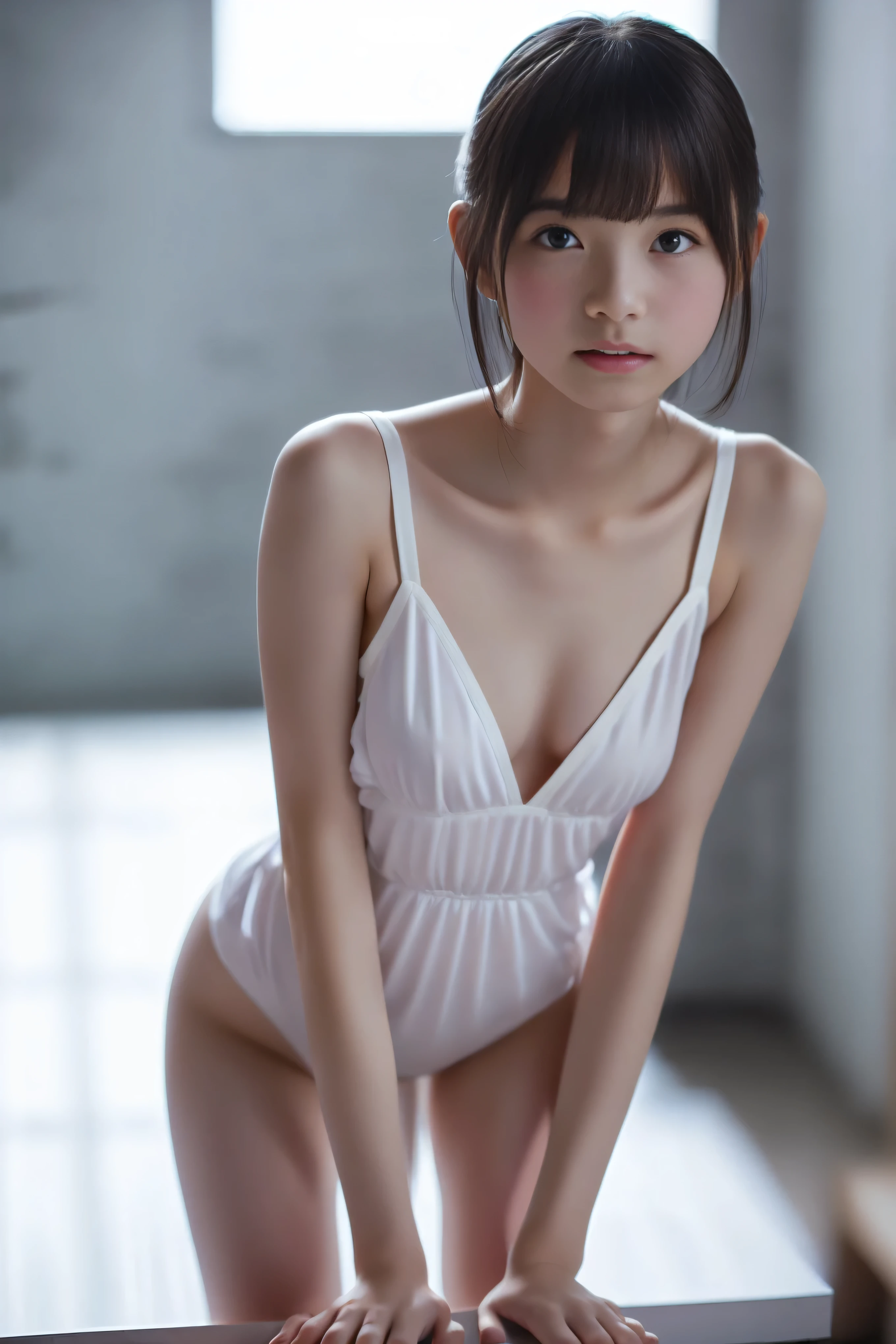 ( top quality,4K, high res ,masterpiece:1.2), realistic , Detailed RAW photos、A naked woman is squatting with her legs apart in a cube-shaped room, where all the walls and floor are mirrors with a 100% reflectivity.、Big Breasts、The woman is a Japanese, middle school student with a baby face, short black hair in a short braid, and wearing white headphones 、A bright white spotlight illuminates her skin in a white light 、 She sees her naked body from the front in many embarrassing poses reflected in the mirror and holds her bust and crotch with her hands to hide it、A beautiful, pointed young pastel 、I can see few thin pubic hairs 、She has a baby face and her eyes closed with her mouth open in shock 、 embarrassed expression、Pink blushing cheeks 、Her beautiful body reflected a lot on the mirror wall 、 completely naked crotch from directly below her as reflected on the floor of a mirror with 100% reflectivity、Close-up view taken from a telephoto 、 Beautiful, glossy young skin 、nsfw