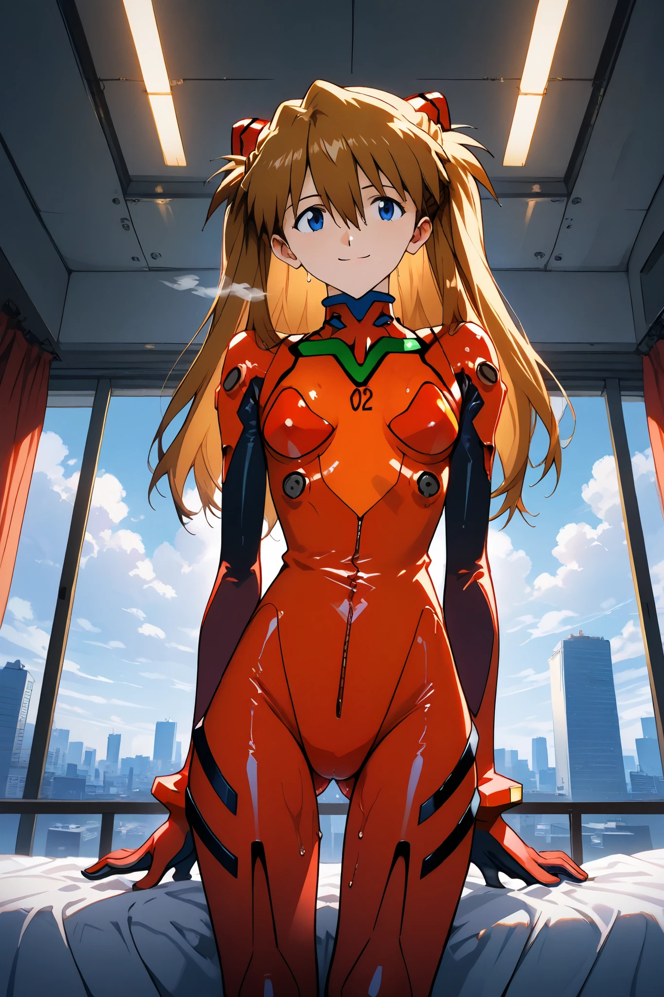 asuka_langley,1 female,solo,looking at the scenery,smile,
I_,wet brown hair,viewer,blue eyes,long hair,hair between the eyes,beautiful eyes,more detailed hair,
lace up boots,thigh-high boots, catsuit(1.3),high heels,elbow gloves,
ortrait,background,day,cloudy,city,
face_concentration,close-up,
beautiful legs,very thin thighs,thin calves,beautiful face,beautiful skin,
flat breast,nallow waist,butt close-up,Sweaty,incontinence,White Breath,I can see her panties,anatomically correct,
highest quality,masterpiece,high definition,soft lighting,
indoors,on bed,bed room,cowboy shot,dutch angle