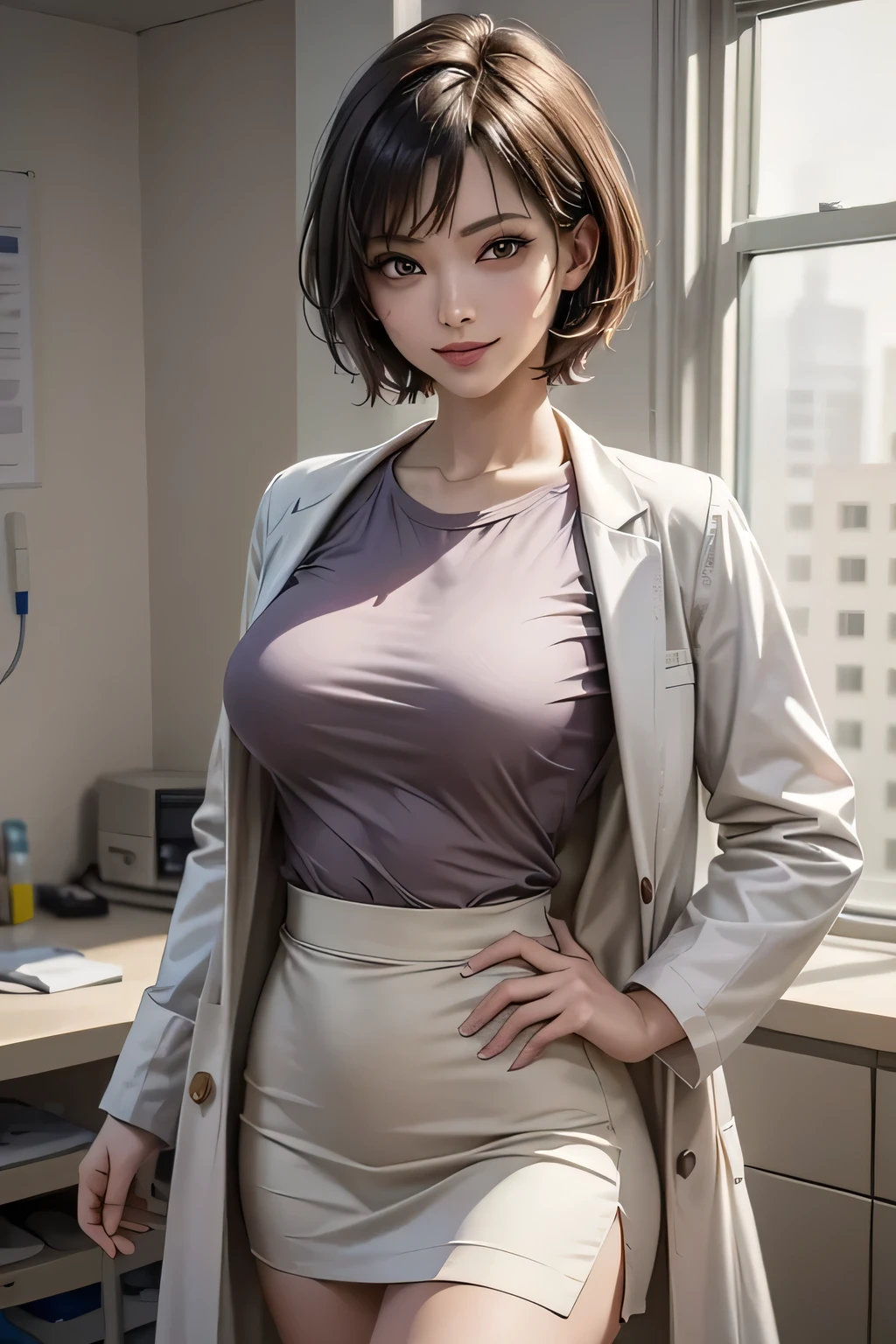 1girl,huge breast, brown hair,short hair, nurse suit, high quality, ultra detailed, masterpiece, realistic