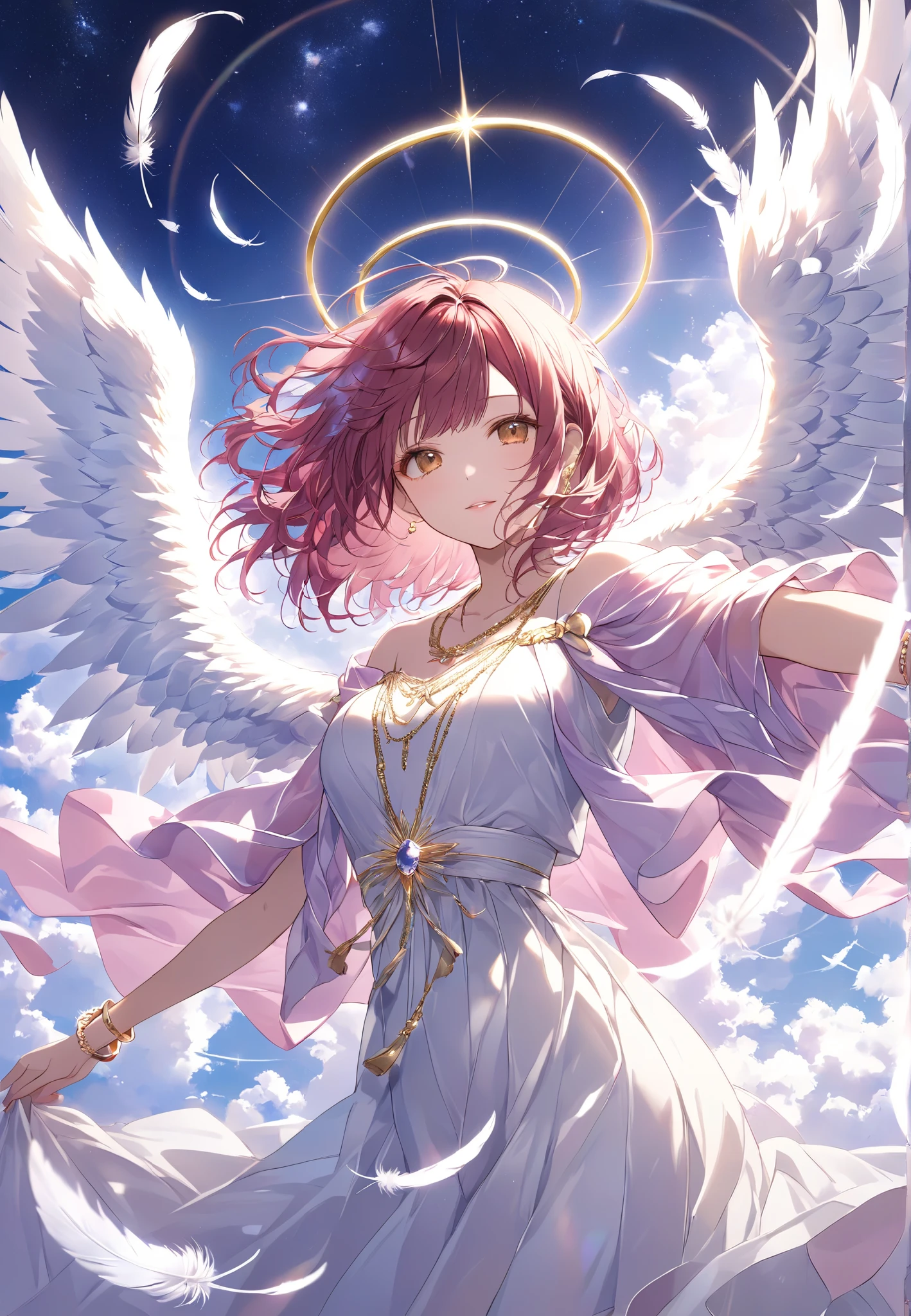 masterpiece, high quality , high resolution, 16k, Makifu Shinkai illustrations, Animated images , detailed background , super real , Digital Paint , Dark Fantasy, Astronomical Observation , angel girl with white feathers , (big breast:1.2)、 4 feathers、 floating in the air , spread your arms like Christ, Glittering Costumes , shiny maroon hair、Apply a beautiful gradation to the tips of the hair、with short hair styled in a slightly wavy bob cut. Her hair has warm, golden highlights that catch the light delicately, brown eyes, long eyelashes , gyaru-style makeup. pastel pink shawl draped over her shoulders, exuding elegance and warmth. Her accessories include a subtle gold bracelet and a thin gold necklace, both of which glimmer softly. clean skin, Beautiful Legs, Light Shining from Behind , Sacred Expressions, Temple of God, Aura of Light, cinematic angle