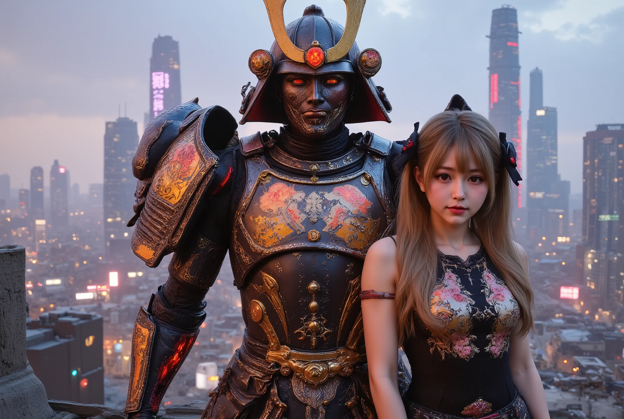 cyberpunk robot samurai and pretty girl, looking at viewer,