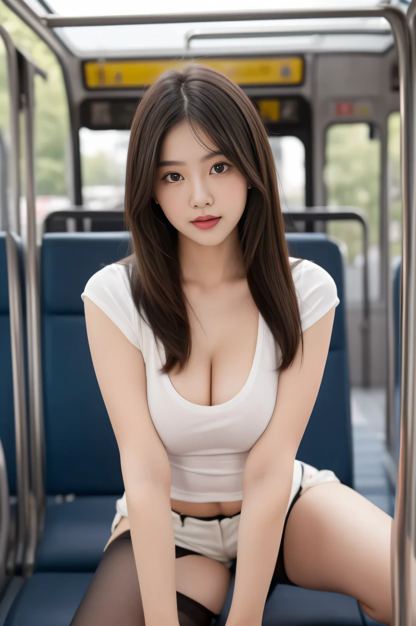 Highest quality、8k、Junior high school girl、Big Breasts、Cute like an idol、Shorts、Black Knee High Socks、Grey sleeveless knit、Spread your legs、I can see your crotch、Inside the train、sit on a bench、from the front、