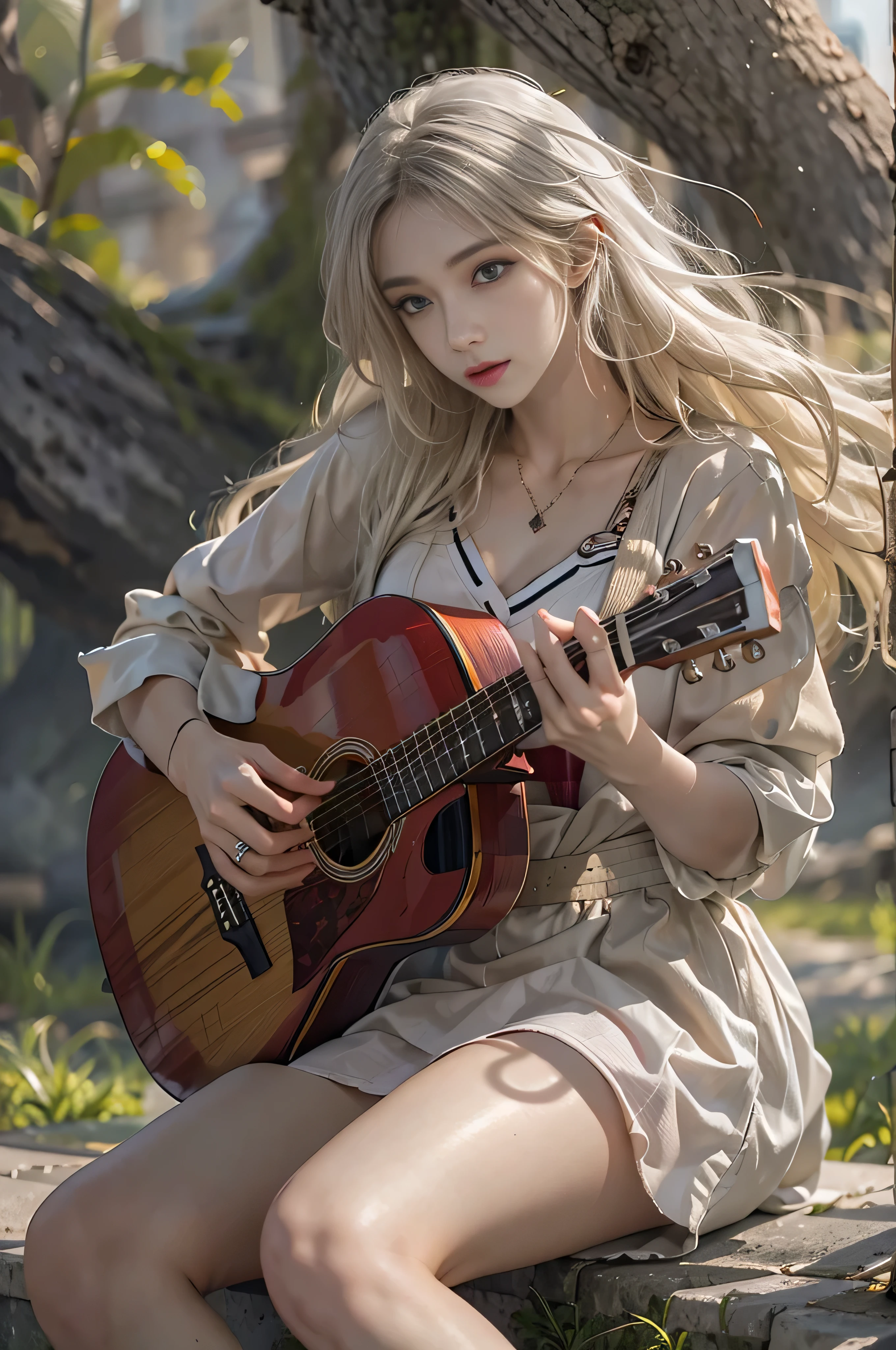 RAW photo quality , Photorealistic, high res, 1 female, Alone, is in a high position, viewers, ( detailed face ), Pale Hair, long hair, medium breasts, Wanderer Clothes , Playing guitar