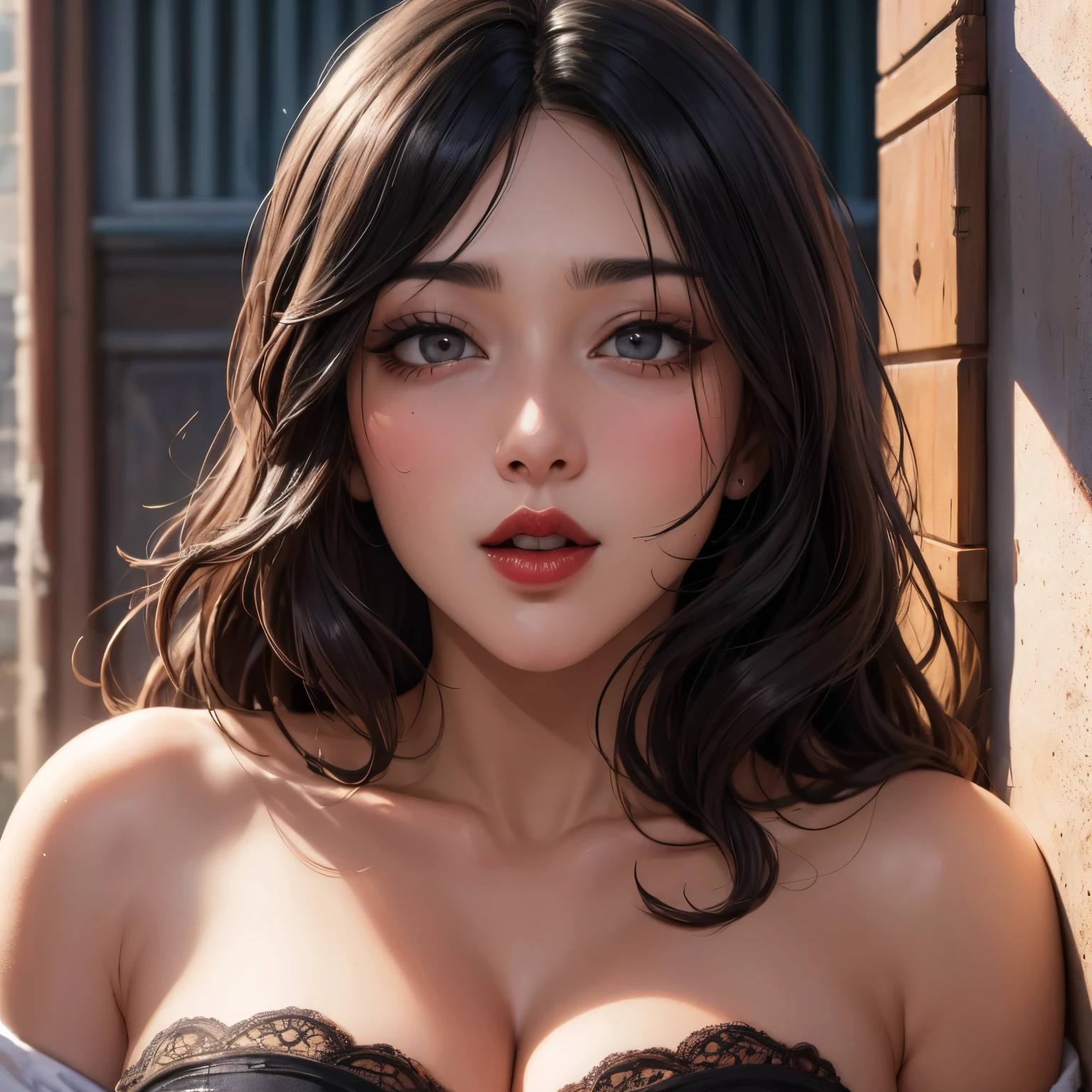 Sexy woman, MILF, neighbour black hair, sexy eyes, red lips, sexually aroused expression, lustful expression, pinned against a wall, upper body, medium chest, cleavage, bedroom, bed
