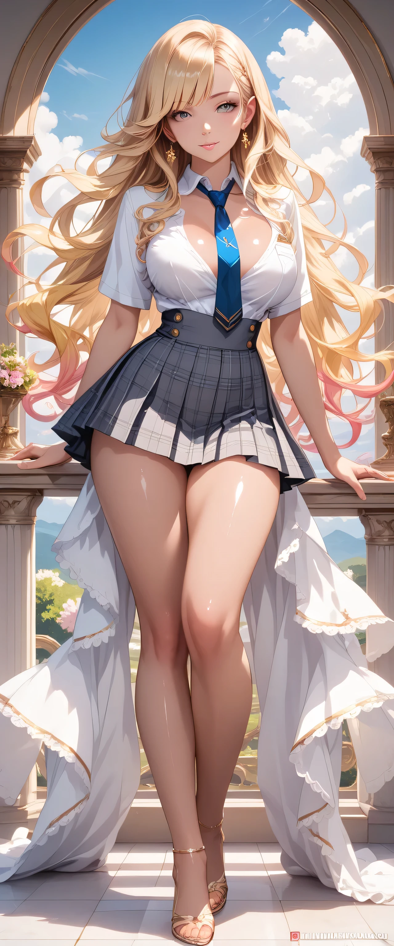 (masterpiece:1.2), (highest quality:1.2),, Curvy but slender body, perfect eyes, perfect face, perfect lighting, 1 girl, in the garden, （feet visible），（mini skirt），（cutter shirt），（view from directly behind），（I can see your butt），（ponytail），curly hair, Fine clothes, Detailed outdoor background, compensate, eye shadow, thick eyelashes, fantasy, looking at the viewer, whole body，alice in wonderland、blue sky、Bright and very beautiful face、young shiny glossy white shiny skin、the best beauty、The most beautiful bright blonde hair in the world、thin hair、long hair、Shining beautiful bangs、Glowing crystal clear big blue eyes、Very beautiful lovely 17 year old most beautiful girl in the world、small breasts