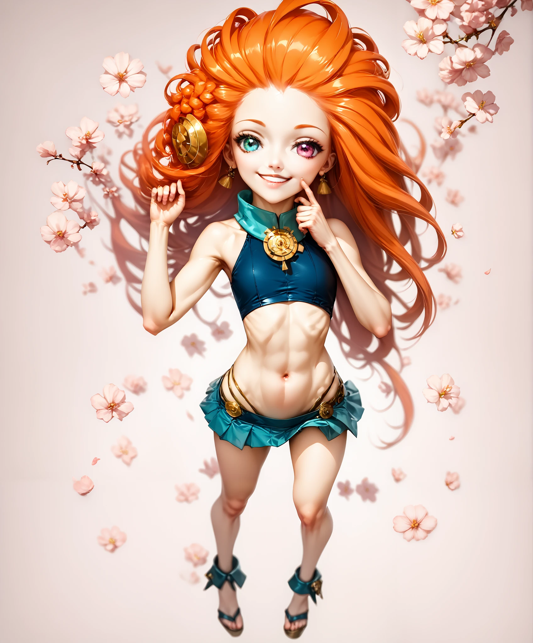 Eye heterochromia , girl Zoe, длинные Hair, Hair , crop top overhang , short ruffle skirt, sexy,good body,curved,shine,posing full length,Body parts are visible, navel, attractive, smile, Mysterious atmosphere ,flirting with the public, extreme detailed, masterpiece, A clear study of the details , maximum detail , high resolution,wallpaper, masterpiece, orange Hair, The whole picture is clearly and clearly worked out,solo, cherry blossoms garden in the background ,
