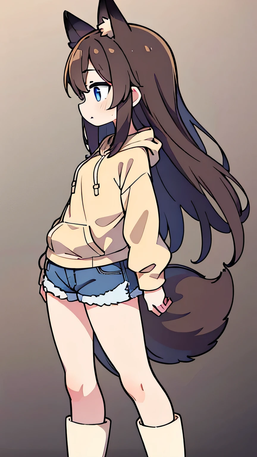 woman、Fox Ears brown hair 、blue eyes、 long hair、Tail、 denim、 shorts、 beige hoodie、 profile、 boots、