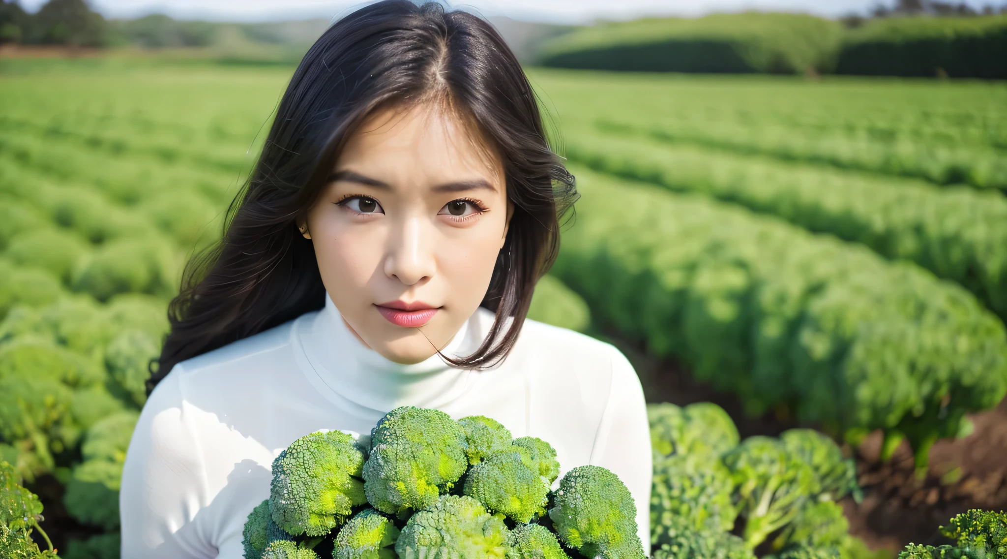 There is a woman holding a bunch of broccoli in a field - SeaArt AI
