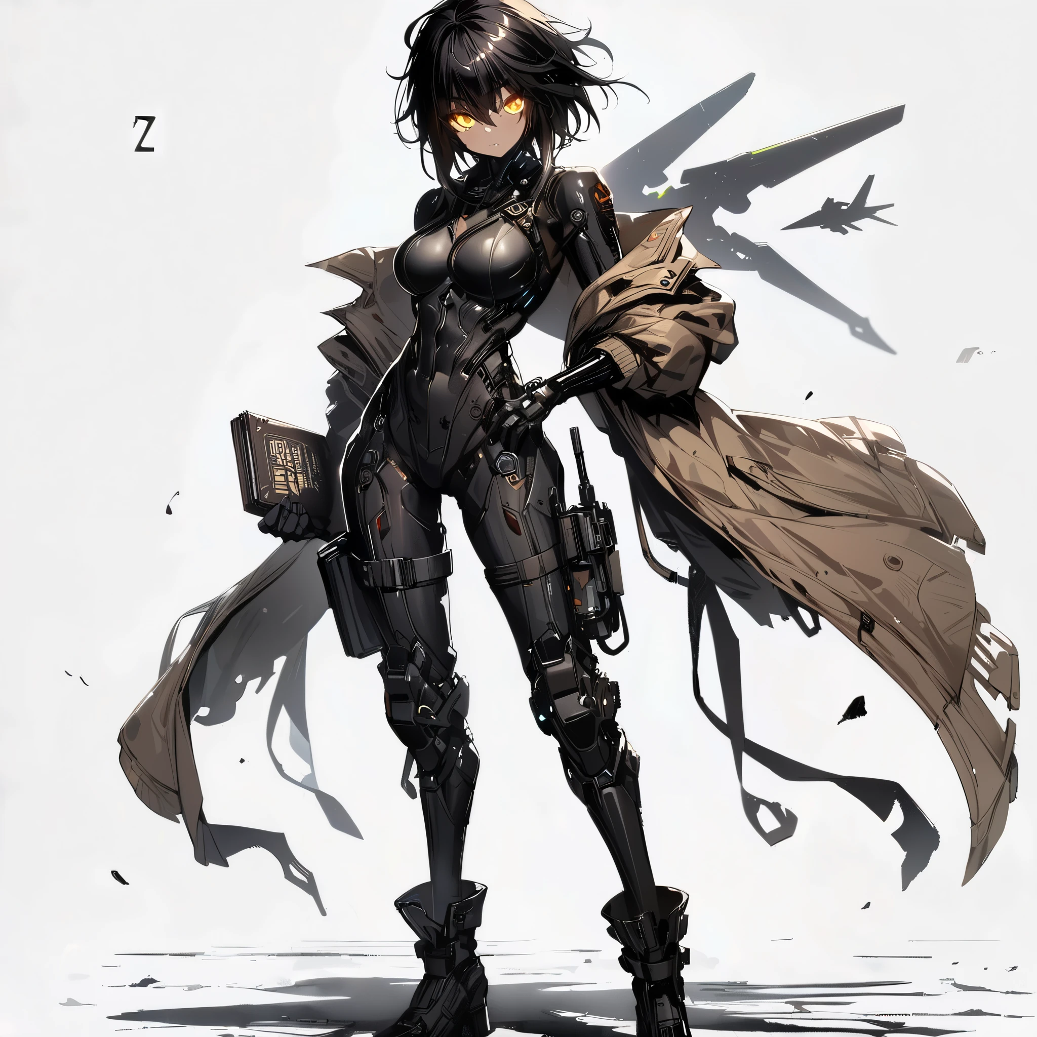 (Masterpiece, Top Quality), (Fine Hair), Ultra-Detailed, Anime like illustration Style, Solo, Full Length, cyberpunk pilot girl, hunched posture, Muscular but feminine body shape, Eyes blazing gold, tan skin, shaggy jet-black hair, Body-Fitting Thin Suit, handheld book, wearing long boots, White background, standing full length, her standing in desolate ground!