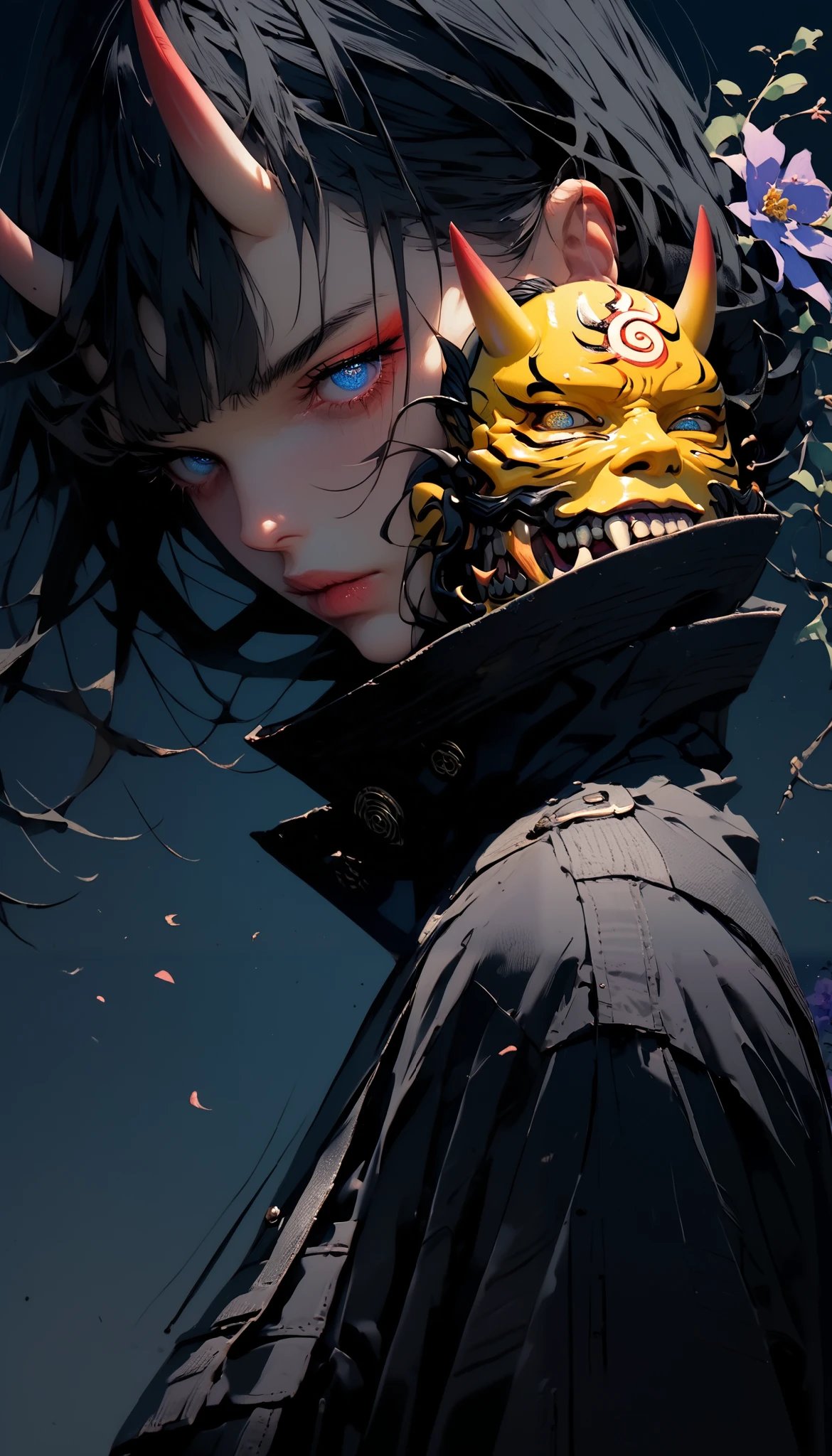 1 matured woman, black trench coat, black long pants, black hair, (Half of the face is hidden by a traditional Japanese oni mask:1.2), blue eyes, slightly opened eyes, pony tail, Side view of the face, no smile, detailed background, dark background, night flower garden, ultra detailed, 8k