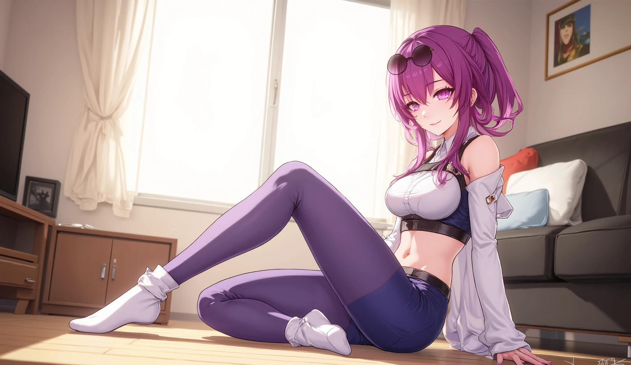 Kafka (from the videogame Honkai Star Rail), slim body, small breasts, wearing a blue sports-bra, wearing blue leggings, wearing white socks over the leggings, sitting on the floor, focus on her feet, in a sunny japanese livingroom, look into the camera