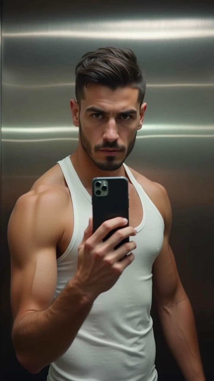 photo of a man holding a cell phone in the mirror of a luxury bedroom, brunette wearing gym clothes super realistic photo