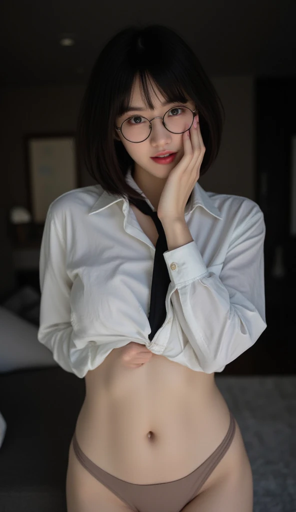 (((Clothing:2.0, Long shirt:2.0))), ((Composition from the thighs up:1.8)), ((Balcony of a Japanese apartment:2.0)), ((Clothing:2.0, Long shirt:2.0, The lower half is naked:2.0, Lace panties:2.0, Glasses:1.8)), ((Smile, short hair:1.5, Small breasts:1.5, slender:1.5, Small Ass:1.5)), ((Japanese, 1 Girl, 18-year-old, 7 heads, Ideal body proportions, Black Hair, With bangs, Small breasts, Erect nipples, slender, Small Ass, Beautiful feet, Skinny Legs)), Surrealism, Cinematic Lighting, Depth of written boundary, First Person View, Boobs F/1.8, 135mm, Ticker, Mastepiece, Curate, ((Anatomically correct:1.3)), Textured skin, Super Detail, High detail, High quality, Awards, Best Quality, High resolution, 8k