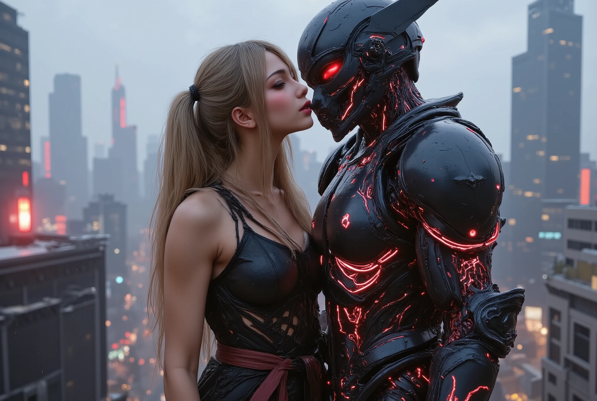 cyberpunk robot samurai and pretty girl, two shot, kiss,