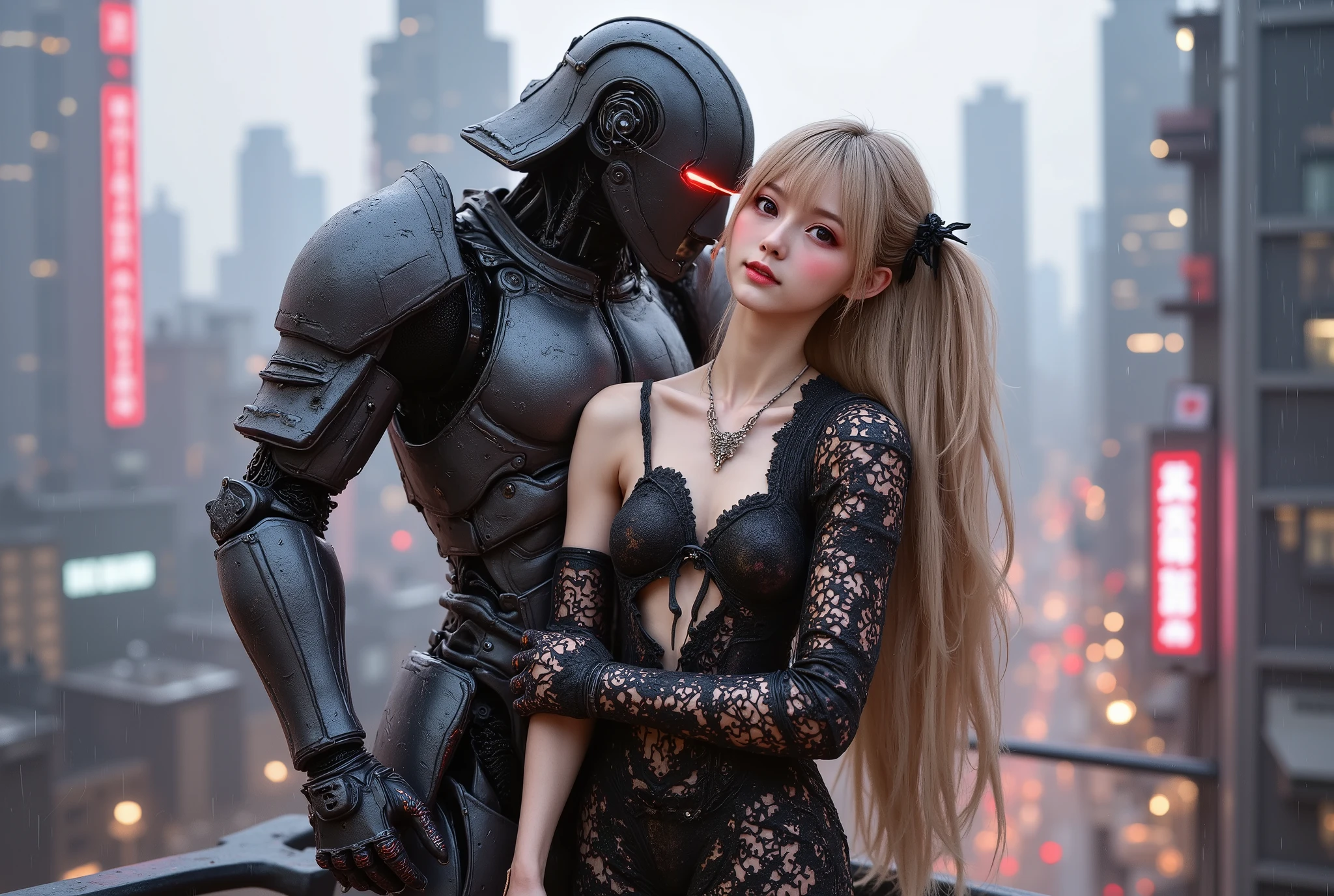 cyberpunk robot samurai and pretty girl, two shot, kiss,