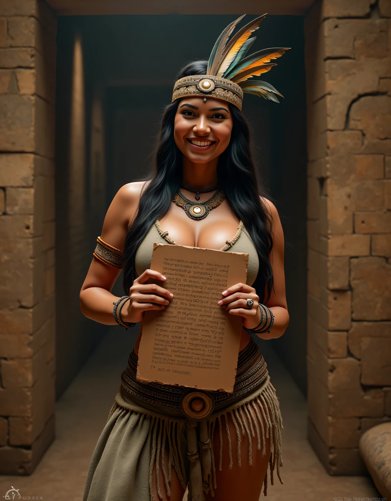 A hyper-realistic image of a prehistoric tribe fullbody indigenous primitively female aztec shaman, symmetrically balanced in image composition. The indigenous aztec shaman is depicted in a full body angle view, showcasing her lively, lusciously vivacious, and shapely body. She is wearing a realistic primitively indigenous aztec shaman cultural long dress and wearing feather headband. The scene includes a well-rounded prehistoric aztec female shaman holding lifted up a clay board of hieroglyph script, studying, smiling. The background features a hieroglyph deep jungle tomb scenery with central leading lines, creating a sense of depth on ultra-wide angle. The image has UHD ambience, with a wide zoomed-out perspective, realistic textures, soft lighting, and a wide-angle view. The scholar's hands are accurately detailed with full human finger anatomy, and her hair is shiny and lifelike. The overall style is reminiscent of Far Cry 5 game artwork, with additional details and body fixes applied. The combination of influenced of TikiPunkAi Artwork, SolarPunkAi Artwork, and GreenPunkAi Artwork.