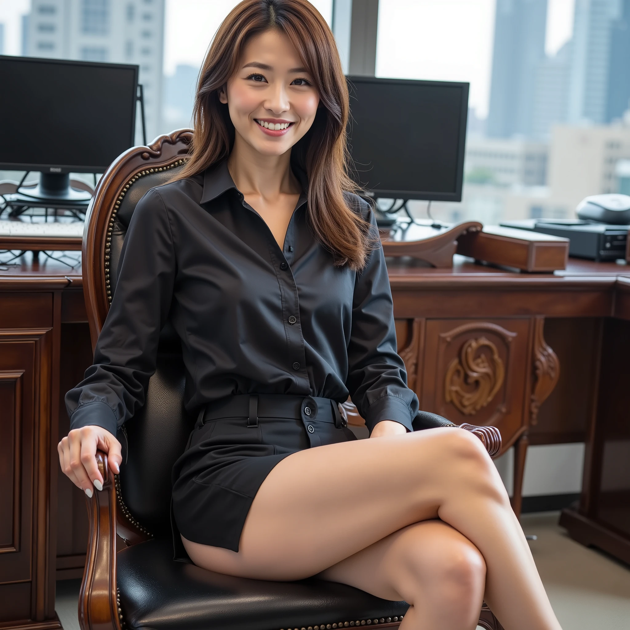 『 a Japanese girl :1.3』『 real photo :1.3』 best quality:1.2、(( big breasts))、 I'm showing my teeth 、((40-year-old woman))、(( have red cheeks ))『 is showing teeth and laughing:1.9』、((( anatomically correct、 perfect anatomy、 anatomically correct指)))、 is present, best quality, super high resolution, RAW photo, (Curvy body)、 office chair、OL 、 Japanese woman、Long brown bob hair 、 black underwear seen from her blouse who crosses her legs in a miniskirt、 the president's large luxury table 、 computers and phones are placed、There is a window in the back where you can see the outside 、High floors、 photos