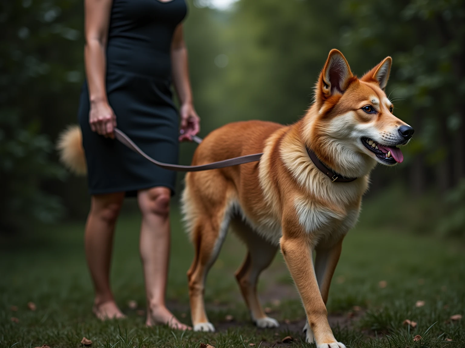 A photo of a stunningly beautiful woman becoming a Hybrid Doggirl as her mistress takes her for a walk, collar, leash, on all fours, panting, dog ears, dog tail, dog tongue, dog paws, wagging tail, detailed background