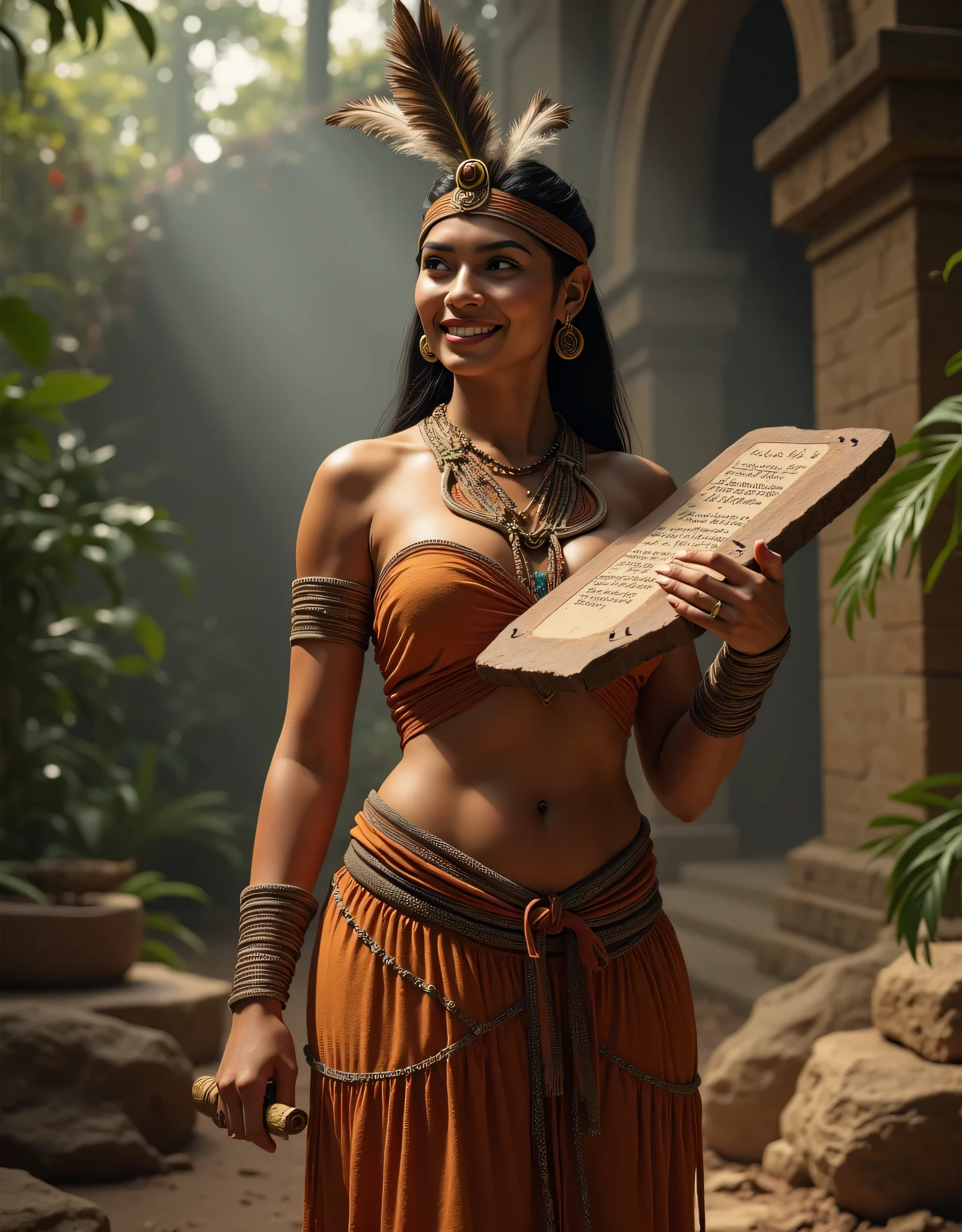 A hyper-realistic image of a prehistoric tribe fullbody indigenous primitively female aztec scholar, symmetrically balanced in image composition. The indigenous aztec scholar is depicted in a full body angle view, showcasing her lively, lusciously vivacious, and shapely body. She is wearing a realistic primitively indigenous aztec scholar cultural long dress and wearing feather headband. The scene includes a well-rounded prehistoric aztec female scholar holding lifted up a clay board of hieroglyph script, studying, smiling. The background features a hieroglyph deep jungle tomb scenery with central leading lines, creating a sense of depth on ultra-wide angle. The image has UHD ambience, with a wide zoomed-out perspective, realistic textures, soft lighting, and a wide-angle view. The scholar's hands are accurately detailed with full human finger anatomy, and her hair is shiny and lifelike. The overall style is reminiscent of Far Cry 5 game artwork, with additional details and body fixes applied. The combination of influenced of TikiPunkAi Artwork, SolarPunkAi Artwork, and GreenPunkAi Artwork.