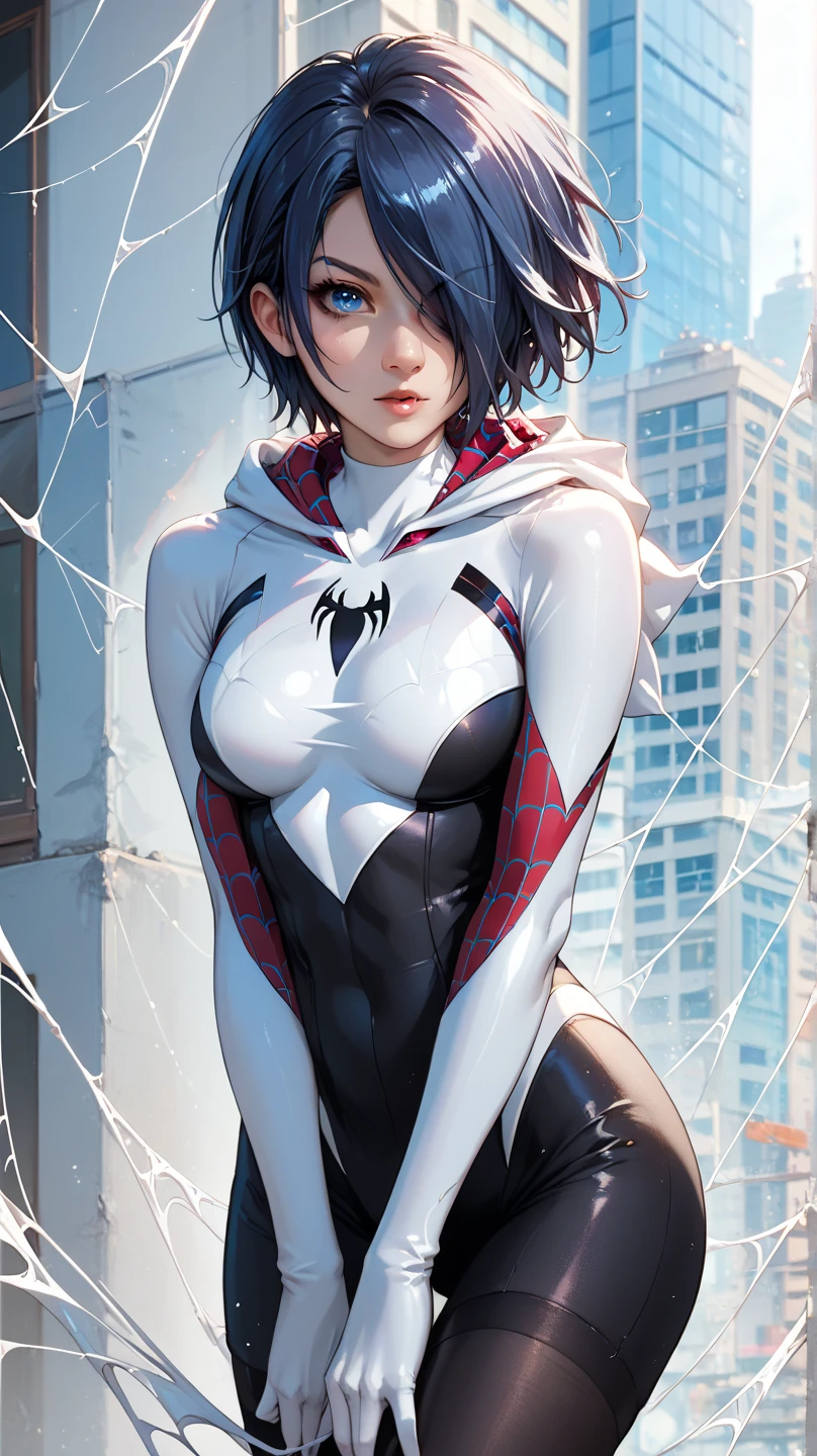 shot below eye level, handsome girl, Slender figure, I'm standing on the roof of a high-rise building, endearing smile, Crew Cut, Spider-Man, The perfect female face, A detailed eye, long eyelashes