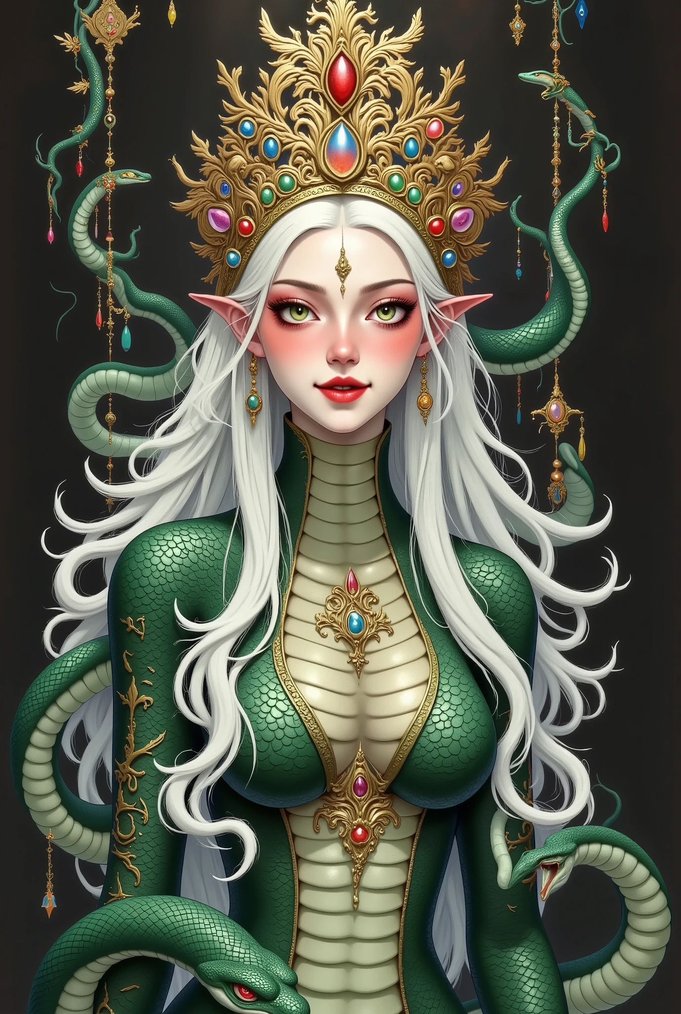 A woman with a snake and crown on her head, Snake Queen , Beautiful Female Golgi , Snake Woman hybrid, eldritch goddess, White-haired gods, Snake Woman, dark Snake Queen , Amano Yoshitaka Carol Buck , Dragon Queen, Her many snakes are like hair , goddess. Extremely detailed, goddess of mischief