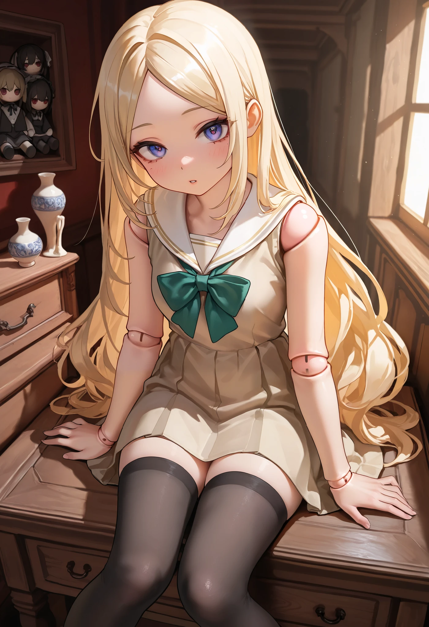 (((Highly detailed, sharp detail, vibrant colors, masterpiece, ultra-realistic, 8K, 4K, cinematic lighting, Extremely detailed, perfect hands, detailed eyes, absurdres, hires, highres, good hands, detailed hands, detailed background, detailed clothes, extreme detail)), (A tiny young female doll, Very tiny, fragile, and slender figure, (((((Very tiny female doll standing at 101.6 cm tall, Emphasize her height))))), Heart-shaped and youthful face, Full lips, super cute and beautiful, cute and youthful face, Porcelain skin tone), (Small perky breasts, underneath clothes), lifeless pose, ((Wearing a beige vintage dress with a green bow, black thigh-high stockings, effortlessly attractive, lifeless teal eyes, rosy cheeks, minimal makeup, Waist-length straight blonde hair, middle parted bangs, two strands framing face)), ((Possessed doll themed)), (Inside old mansion background, Massive wooden dresser, dusty, cobwebs, Gloomy day), Sitting on dresser, Large wooden dresser, Lifeless expression, JK, doll joints