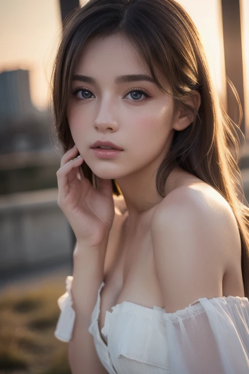 ((Highest quality, 8k, masterpiece: 1.3, RAW Photos)), Sharp focus: 1.2, (1. Aspa Girl: 1.2), (Realistic, photo-Realistic:1.37), (Face Focus: 1.1), Cute Face, Small breasts, Flat Chest, short, Messy Hair, (White Lingerie: 1.1), panties, From below, Beautiful woman standing under the light of a street lamp, Cinema Lighting
