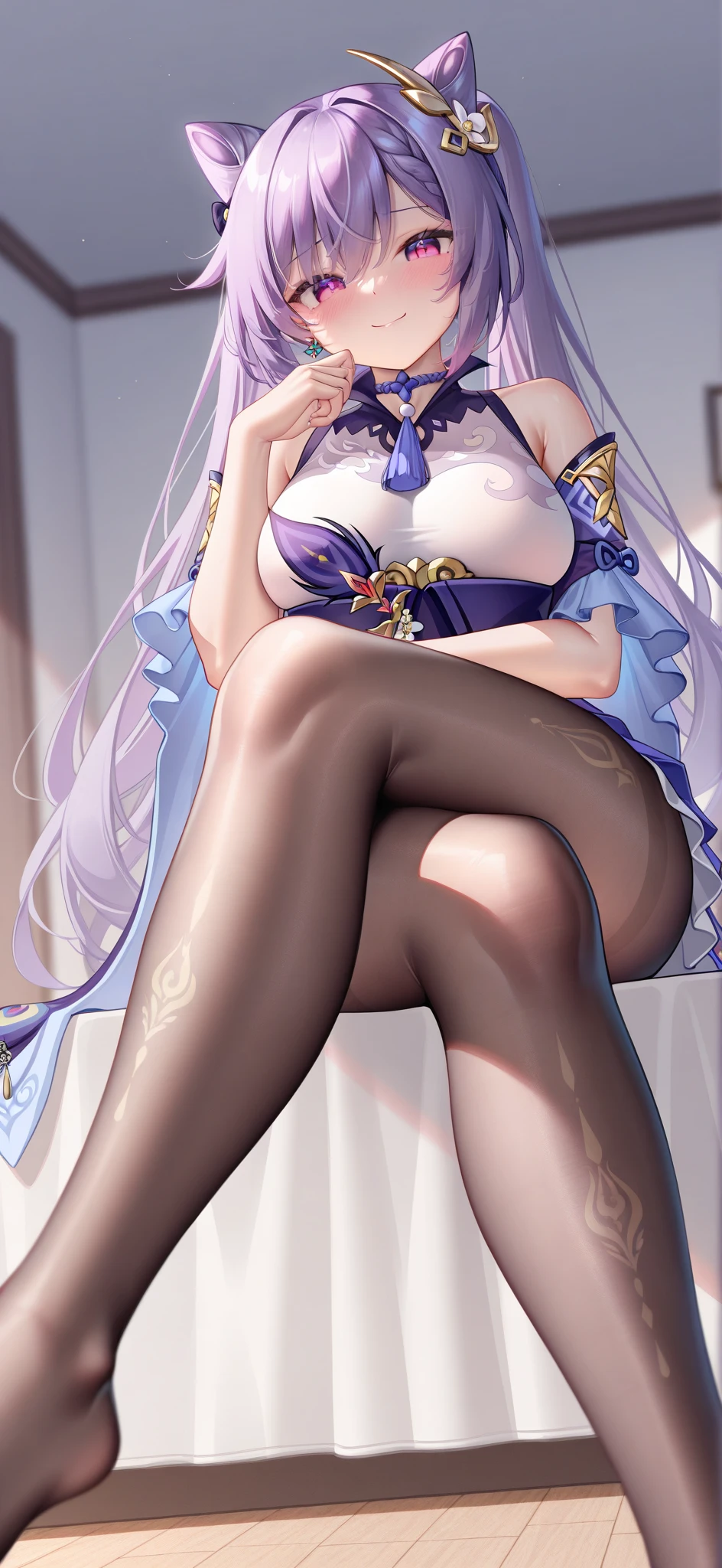 realisitic, 1 girl, White hair, purples eyes, glare eyes, top cut, overskirt, parted lips, blush, natta, flowers, floor, floorlight, Unclothed,