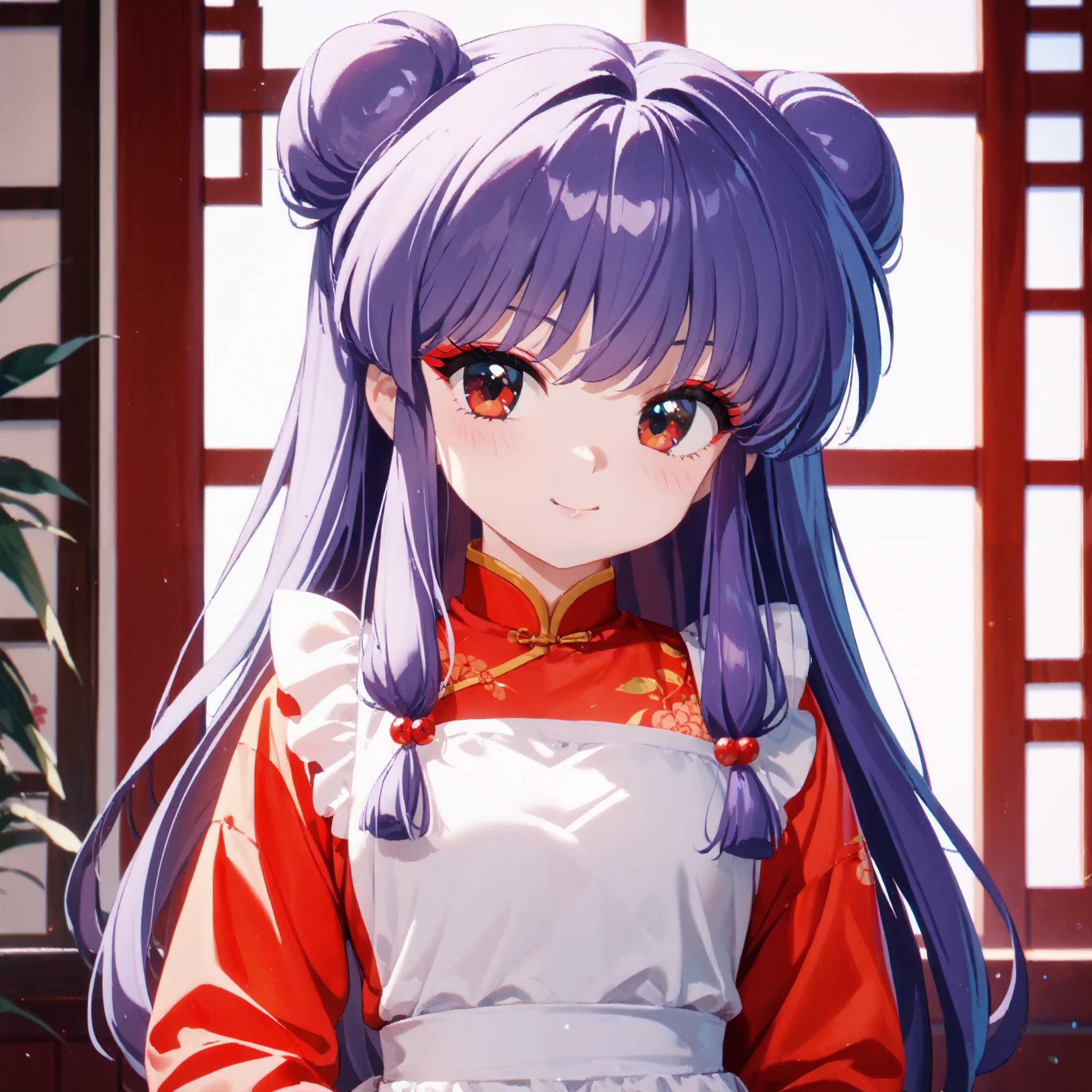 masterpiece, top quality , perfect face, Highest Resolution, 8k, 1 Girl, young, shampoo (Ranma 1/2), young, red eyes, long hair, purple hair, Detailed depiction of bun knot hair , Red eyeshadow, china dress, apron dress, Chinese cuisine, I love you, A face in love, affectionate face,