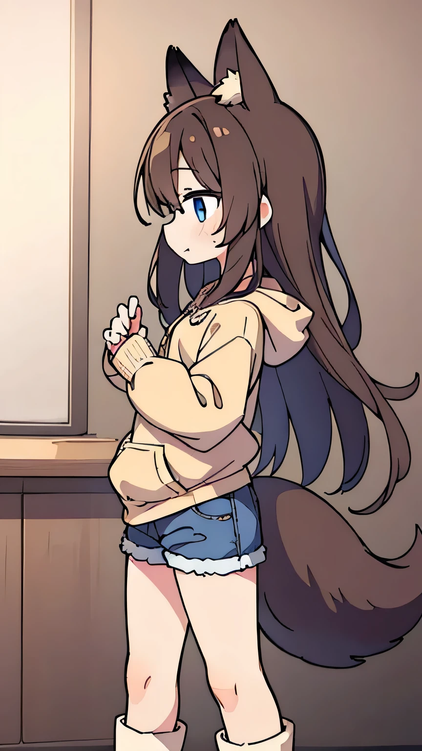 (best quality, highly detailed:1.3), (looking at viewer:1.3), masterpiece, from above, 1girl, anime, brown hair, (blush), (white sweater dress:1.1), flat chest, (hands on hips:1.1), thighs indoors, bedroom,