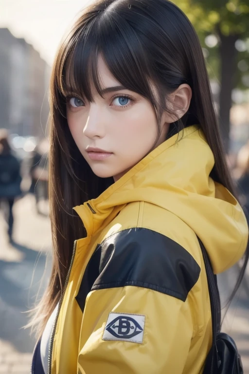 (masterpiece), (best quality:1.2), absurdres, close up portrait, walking pose, cyberpunk style, 1girl,(oversized yellow jacket),long hair, night city,(neon lights), photon mapping, radiosity, physically-based rendering, cinematic lighting, intricate, High Detail, Sharp focus, dramatic, photorealistic