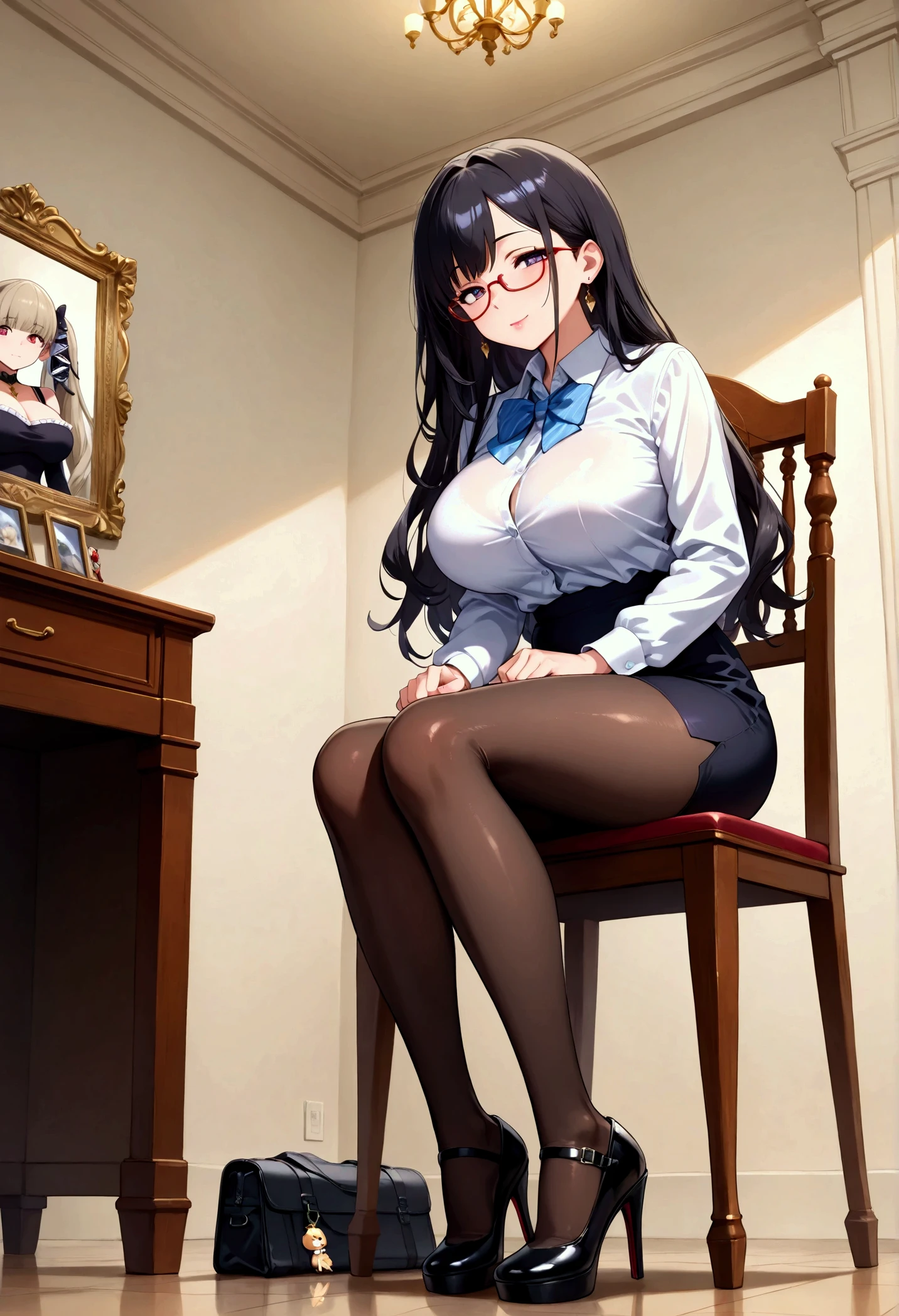 1girl,masterpiece,best quality,(8k, best quality, masterpiece:1.2), (ultra-detailed:1.2),ultra quality, high quality, beautiful detailed glow,film Reflection, ((from front,front face)),((Voluptuous,glamorous,curvy,Leggy,Tall,hanging breasts,1 grandma)),
((smooth texture:0.75, realistic texture:0.65, realistic:1.1, Anime CG style)),
(squatting,spread legs,m legs,arms behind back:1.3),
Detailed beautiful eyes,looking at viewer,makeup,glasses,(embarrassed,blush:1.3),
(bank teller, lift black pencil Skirt, bow, long sleeves, black pantyhose, white panty,blue shirt, skirt, vest:1.3),large breast,
((on the bed,Romanesque architecture)),
nipple,nsfw,(button gap:1.6),
