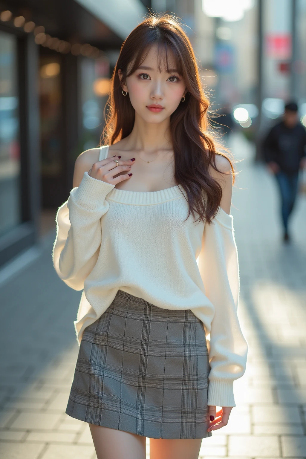 Top quality, ultra high resolution, (photorealistic: 1.4), one girl, off-the-shoulder white shirt, black tight skirt, (faded ash-gray hair: 1), (small breasts: 1.2), look viewer, close-up,