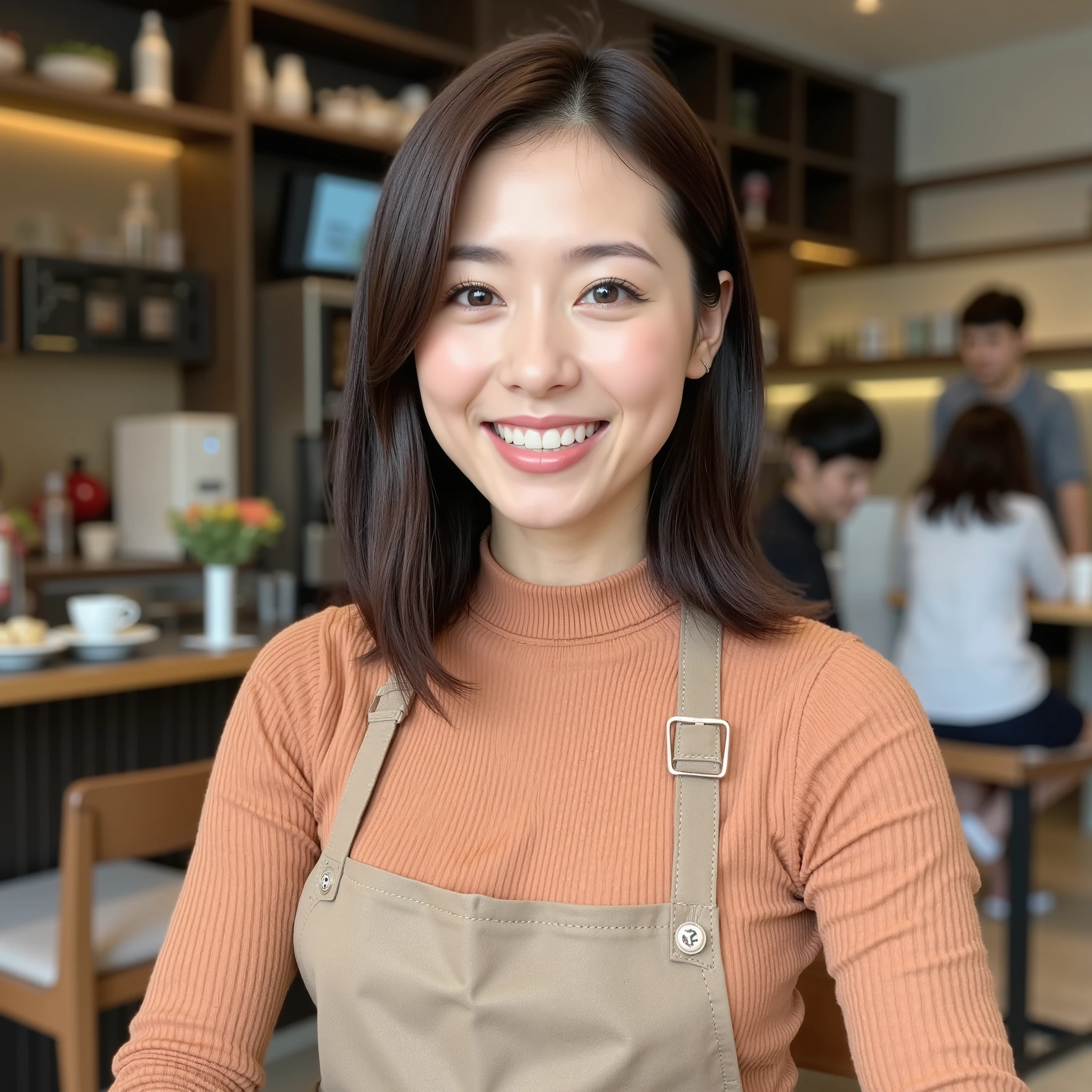『 a Japanese girl :1.3』『 real フォト:1.3』最 high quality:1.2、(( big breasts))、 I'm showing my teeth 、((40-year-old woman))、(( have red cheeks ))『 is showing teeth and laughing:1.9』、((( anatomically correct、 perfect anatomy、 anatomically correct指)))、 is present, 最 high quality,  super high resolution,  RAW photo, (Curvy body)、
 Very Detailed 、(8k、最 high quality、masterpiece:1.2)、( realism、 real :1.37)、 super high resolution、 detailed face、(最 high quality)、(masterpiece)、  age 23、Real dark hair :1.5、 Smooth Long Hair 、 straight hair、duck hair :1.5、 dull bangs、Swept-apart bangs、Double、( double teeth:1.5)、Fair skin、 narrow eyes、 cold eyes、Slanted Eyes、smile、 fresh 、 natural makeup、超超 real 、 high quality、 Starbucks、 rib knit and apron、 skinny pants、Mole、 Starbucksの店員、 brew coffee、Stylish、
