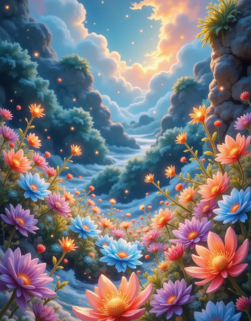 Design an abstract oil painting , depicting a blue sea of wild flowers, Purple, Red and Orange