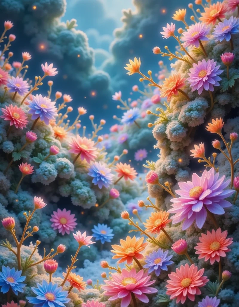 Design an abstract oil painting , depicting a blue sea of wild flowers, Purple, Red and Orange