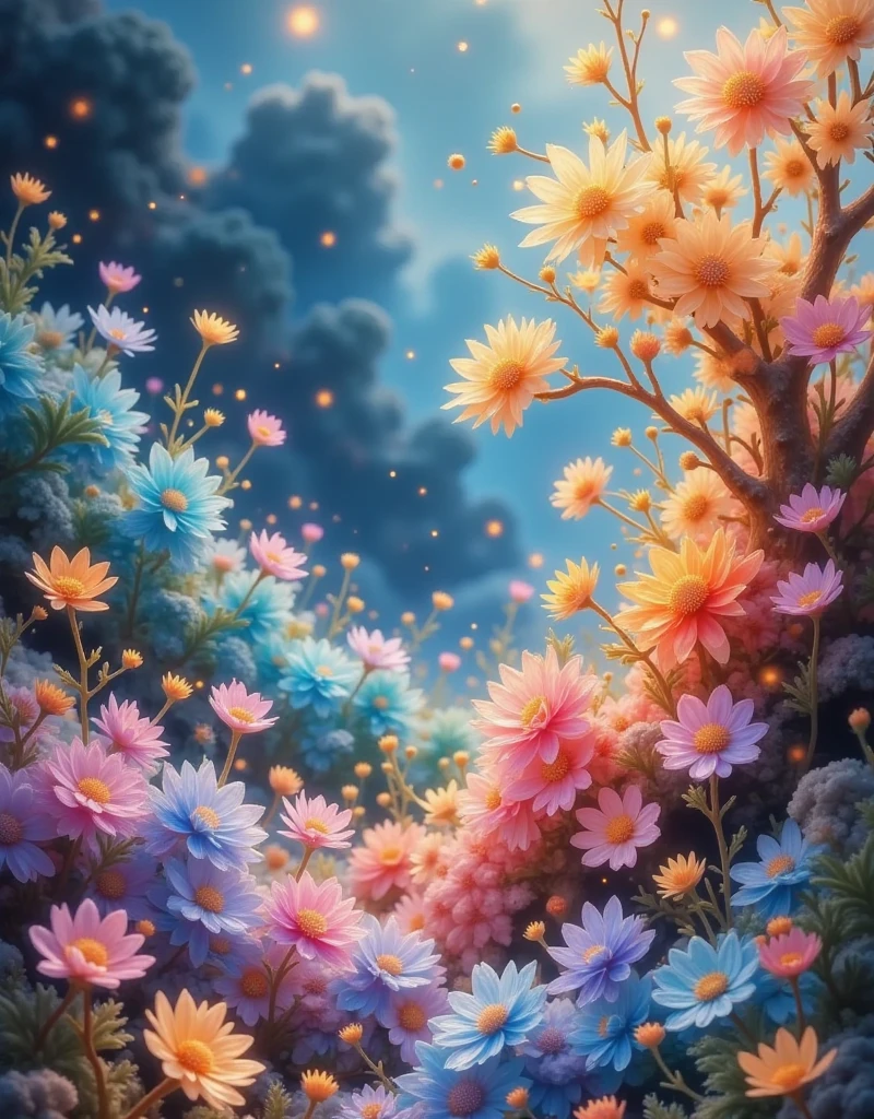 Design an abstract oil painting , depicting a blue sea of wild flowers, Purple, Red and Orange