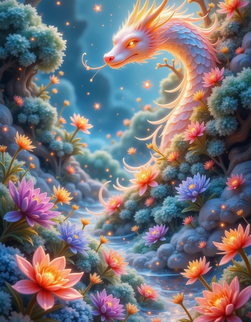 Design an abstract oil painting , depicting a blue sea of wild flowers, Purple, Red and Orange