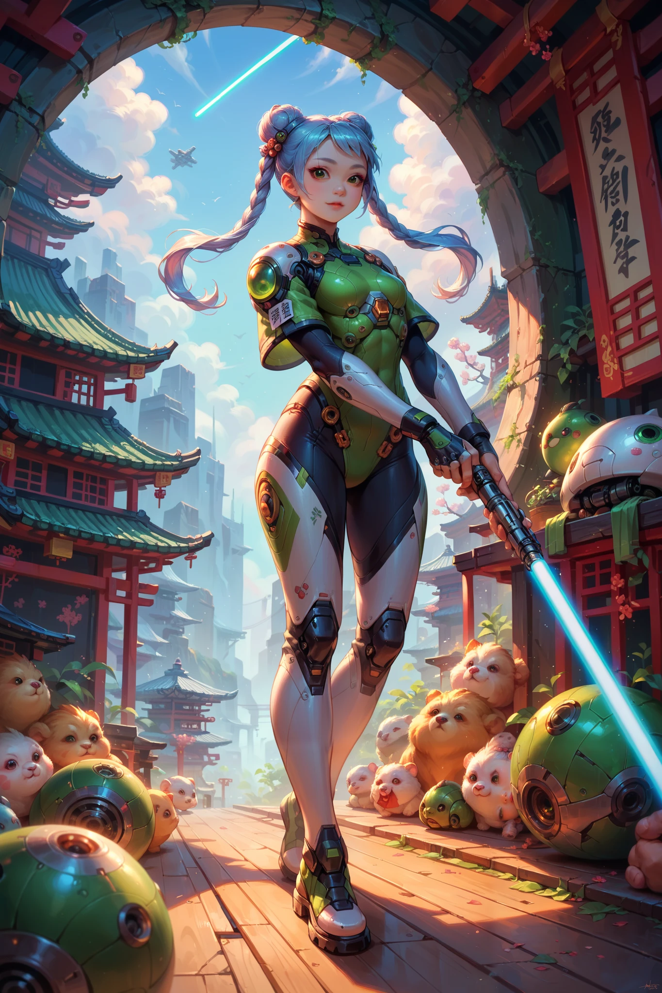 Best quality, beautiful (Asian:2) woman, light blue hair,pigtails, hair buns,Green eyes,Colossal ,White Cybersuit,Bodysuits, holding lightsaber, sci-fi boots, spaceship at the background in the space