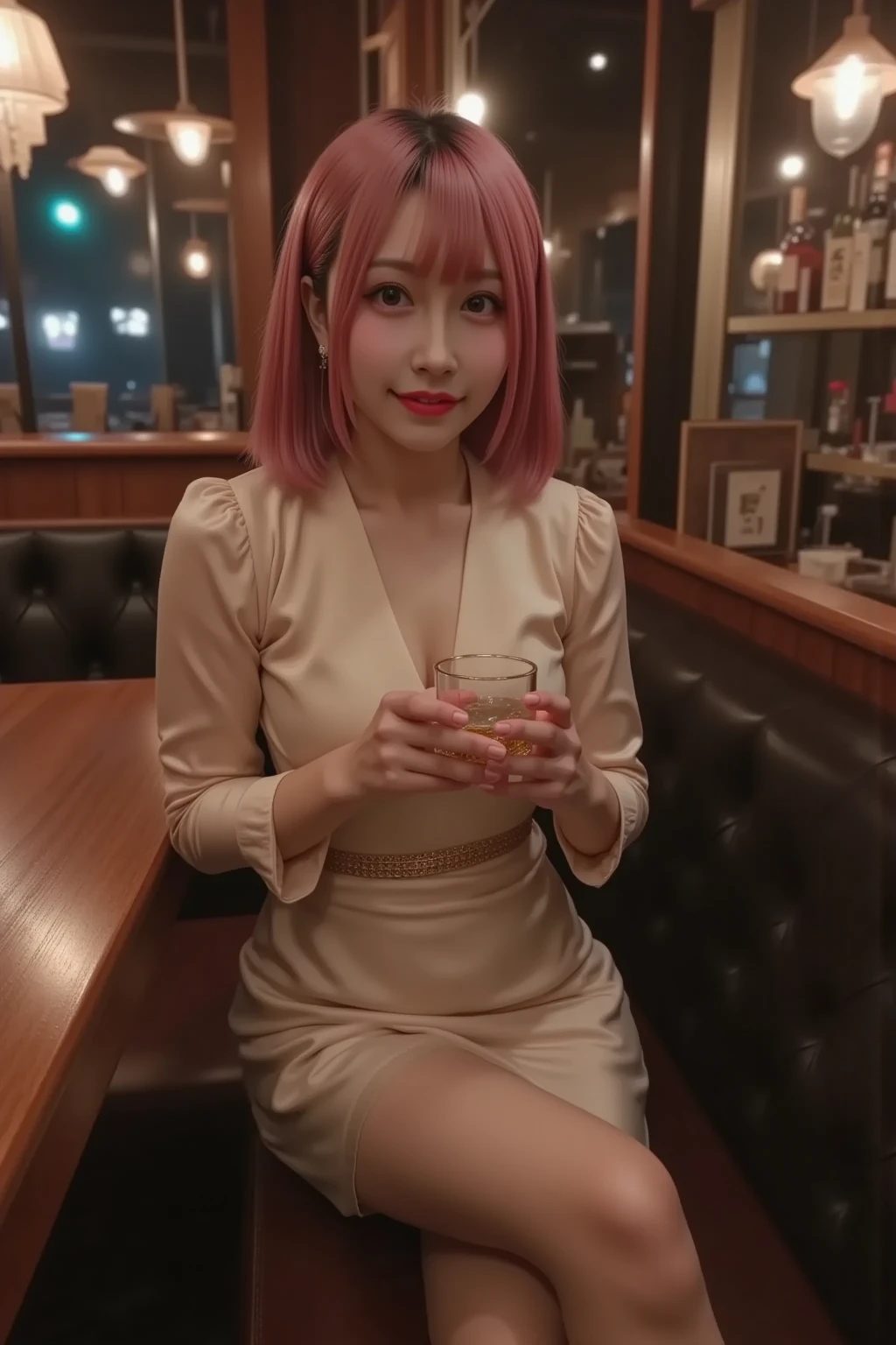 put your hand on your chest, (shy,blush:1.1), smile, cleavage, shot from above、c Upper body is displayed、realistic, real person, portrait photography, shiny skin, japanese idol、pink hair、wavy and medium hair with bangs、20 year old woman with pink eyes、breasts fall from hands、Are standing、The background is a liquor store、nipple、Sweat、embarrassing