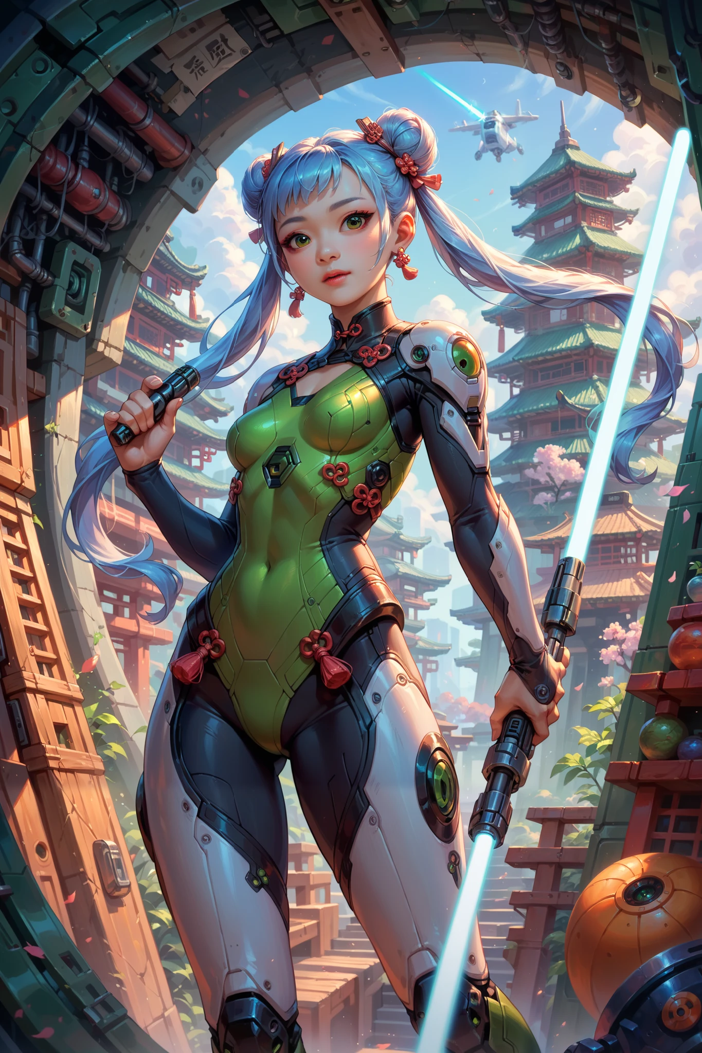 Best quality, beautiful (Asian:2) woman, light blue hair,pigtails, hair buns,Green eyes,Colossal ,White Cybersuit,Bodysuits, holding lightsaber, sci-fi boots, spaceship at the background in the space