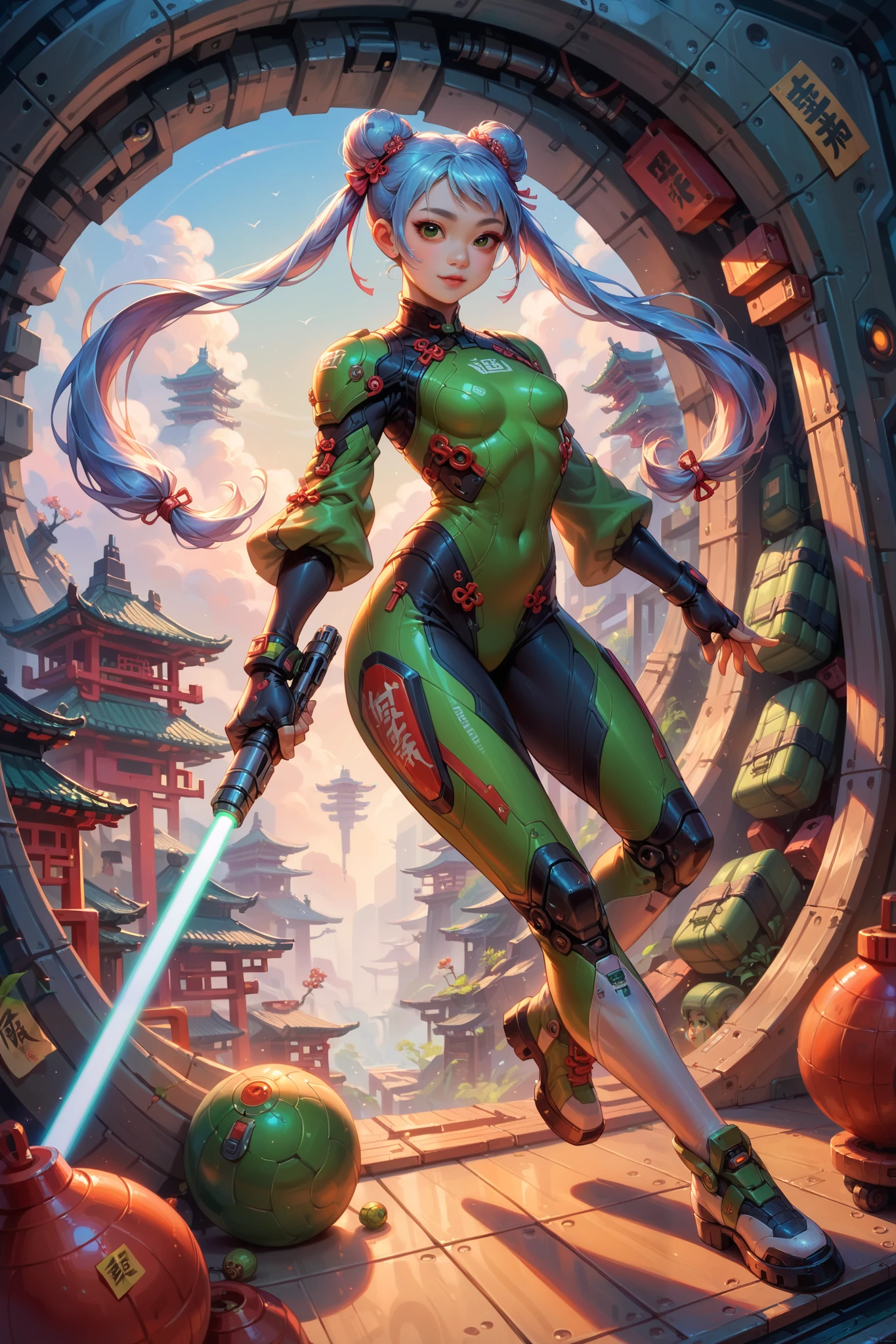 Best quality, beautiful (Asian:2) woman, light blue hair,pigtails, hair buns,Green eyes,Colossal ,White Cybersuit,Bodysuits, holding lightsaber, sci-fi boots, spaceship at the background in the space